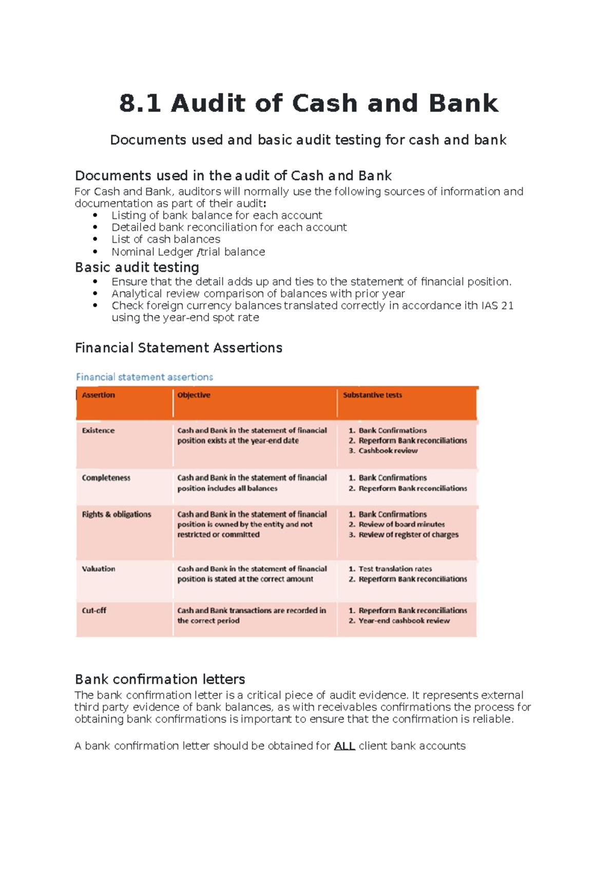Audit Procedures for Cash and Bank Management (ACCT 101) - Studocu