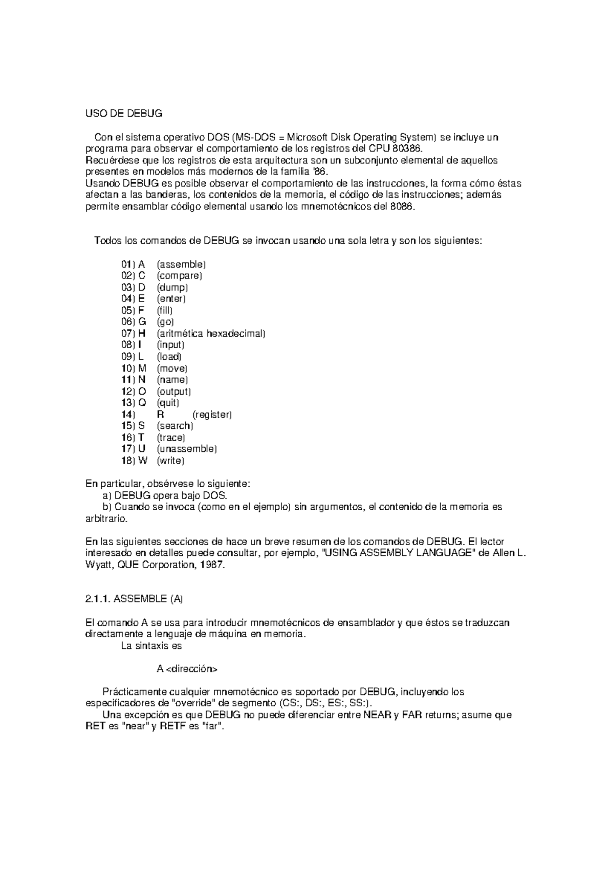 Uso de DEBUG en MS-DOS: Comandos y Funcionalidades Esenciales - Studocu