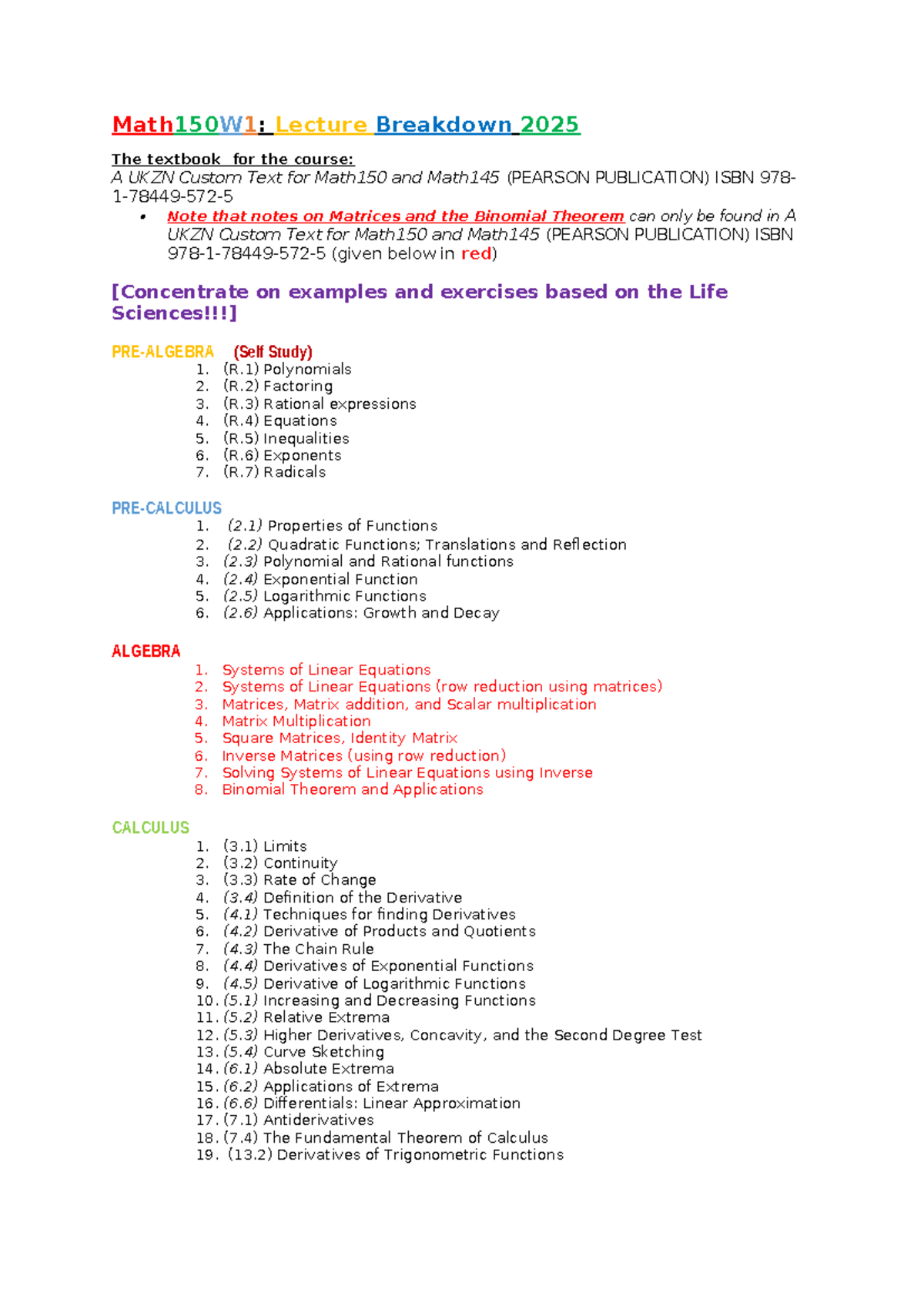 Math150W1: Comprehensive Lecture Breakdown for 2025 - Studocu
