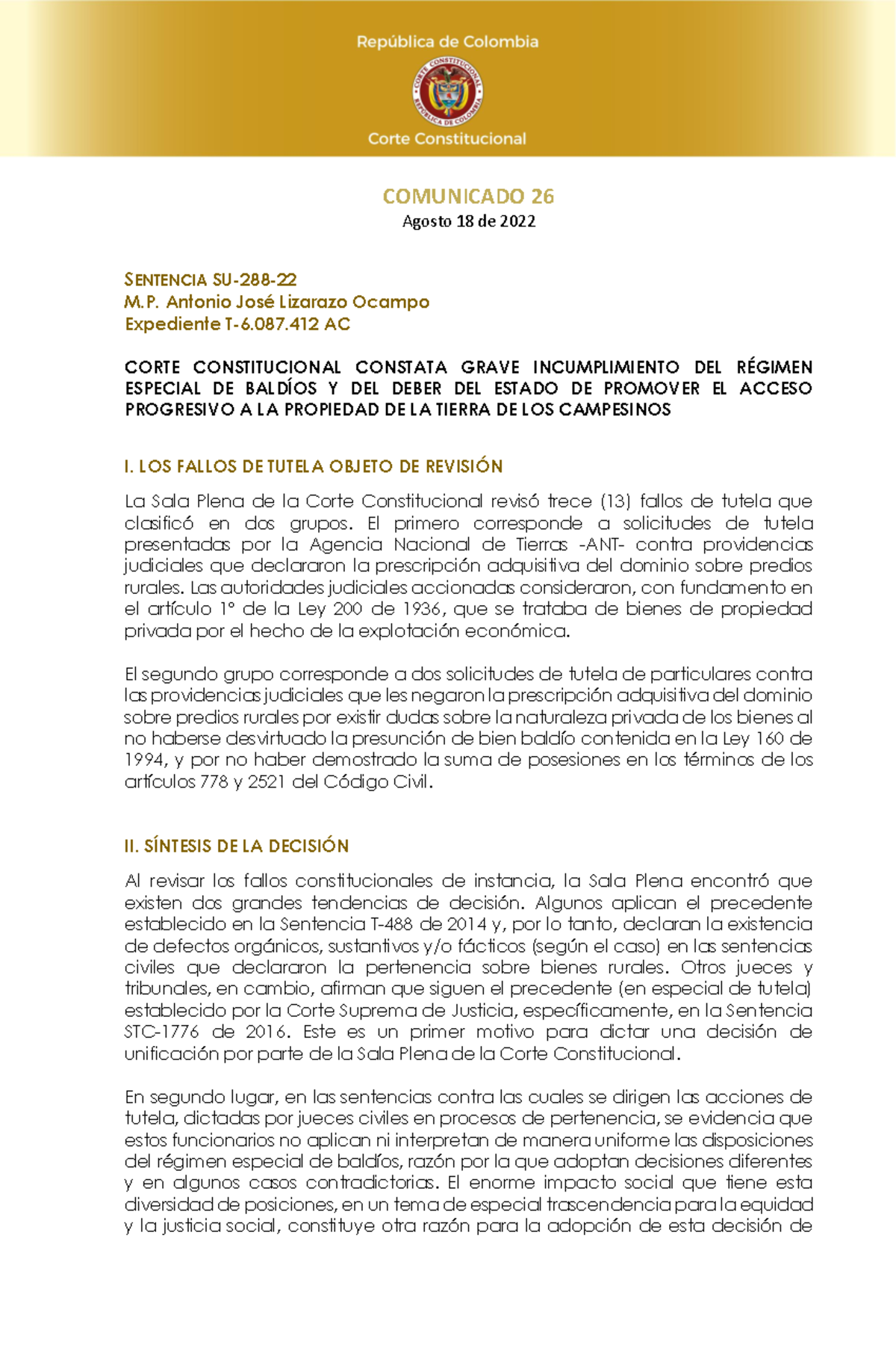 Sentencia SU 288 de 2022: Análisis y Contexto en Baldíos - Studocu