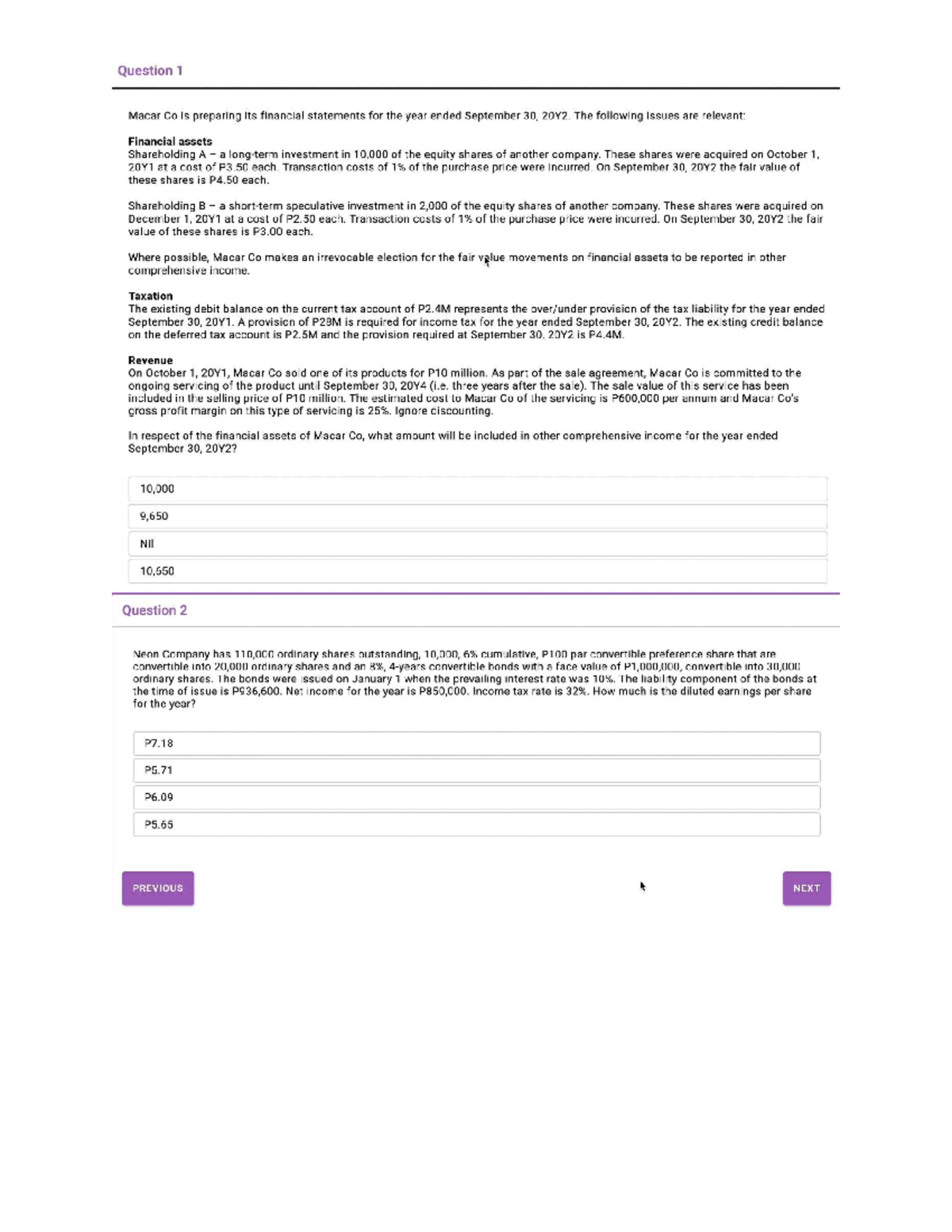 FAR - Sample Questions on Financial Statements & Earnings Per Share ...
