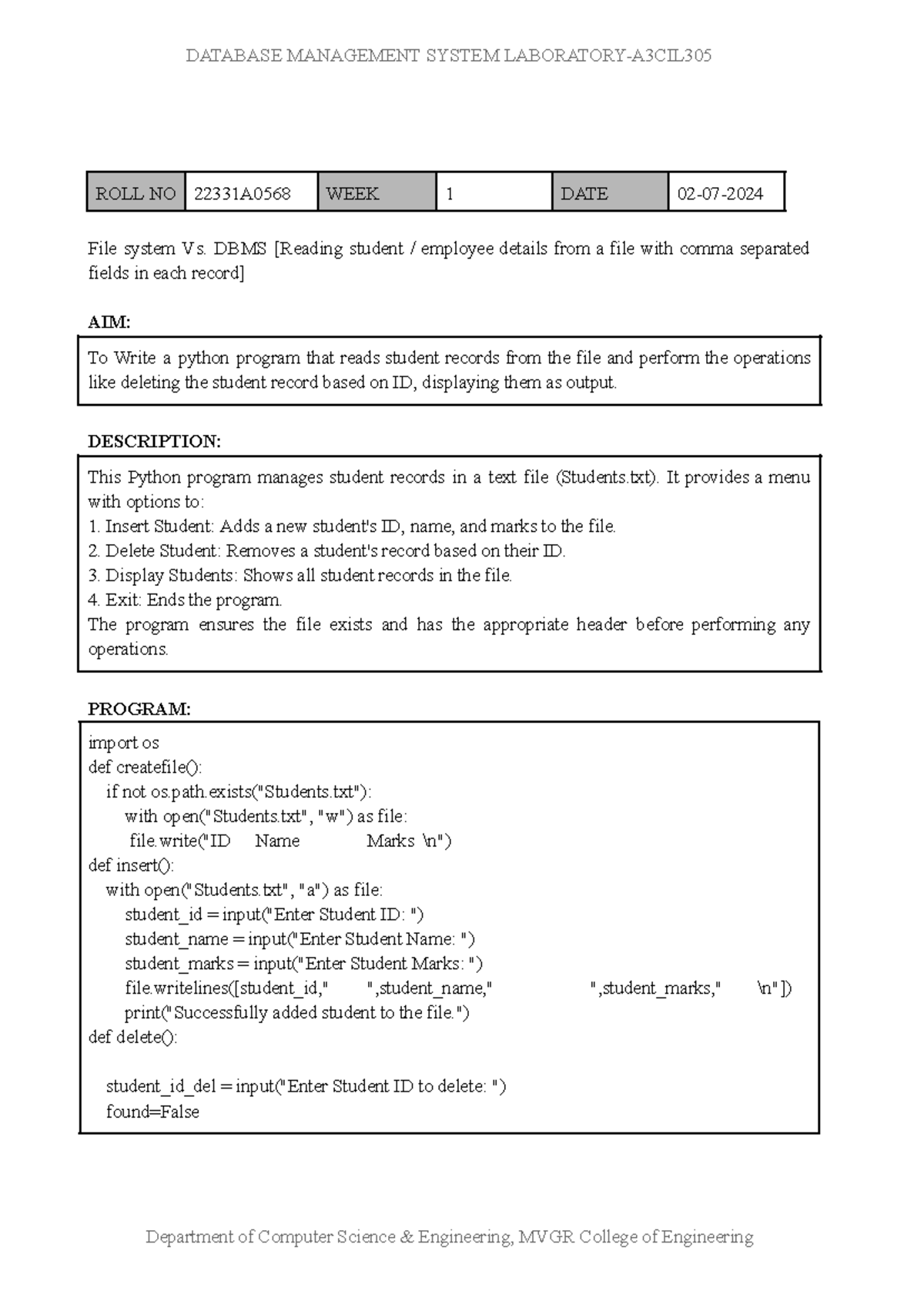DBMS LAB (22331 A0568) - Database management system - ROLL NO ...