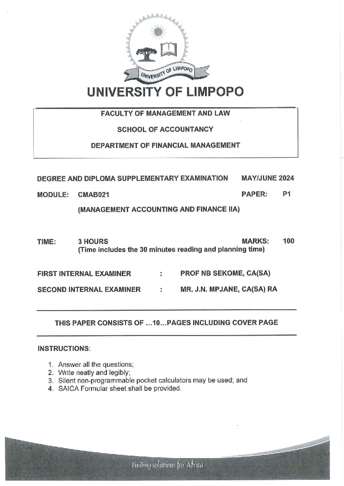 CMAB021 Management Accounting & Finance IIA Supplementary Exam 2024 ...