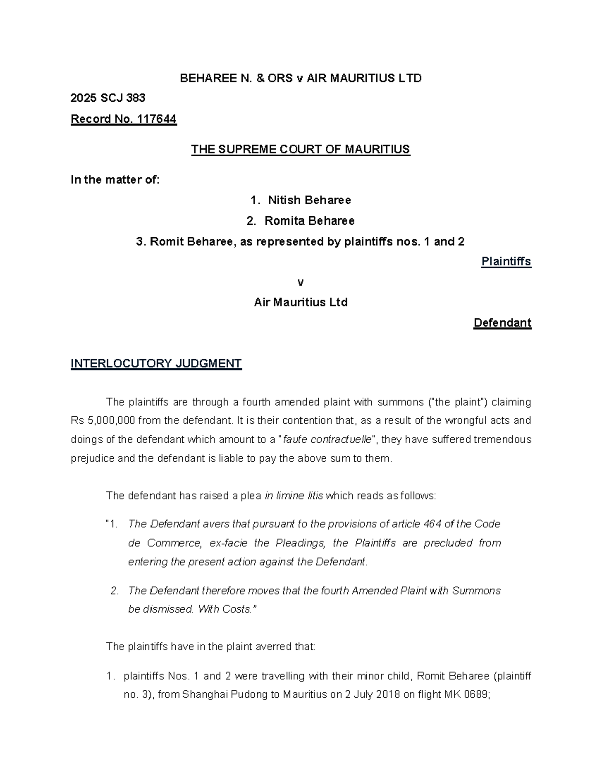 BEHAREE N. & ORS v AIR MAURITIUS LTD: Interlocutory Judgment Analysis ...