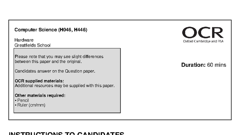 Computer Science (H046, H446) Hardware Exam Paper - Studocu