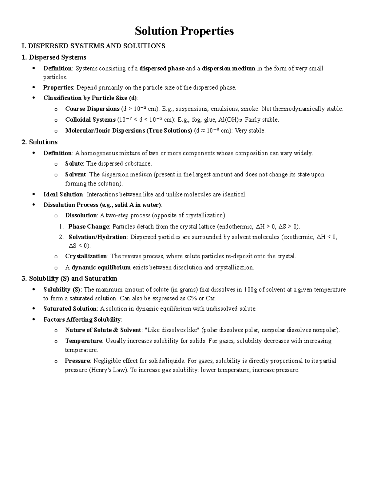 Solution Properties I: Dispersed Systems & Solutions Overview - OISP ...