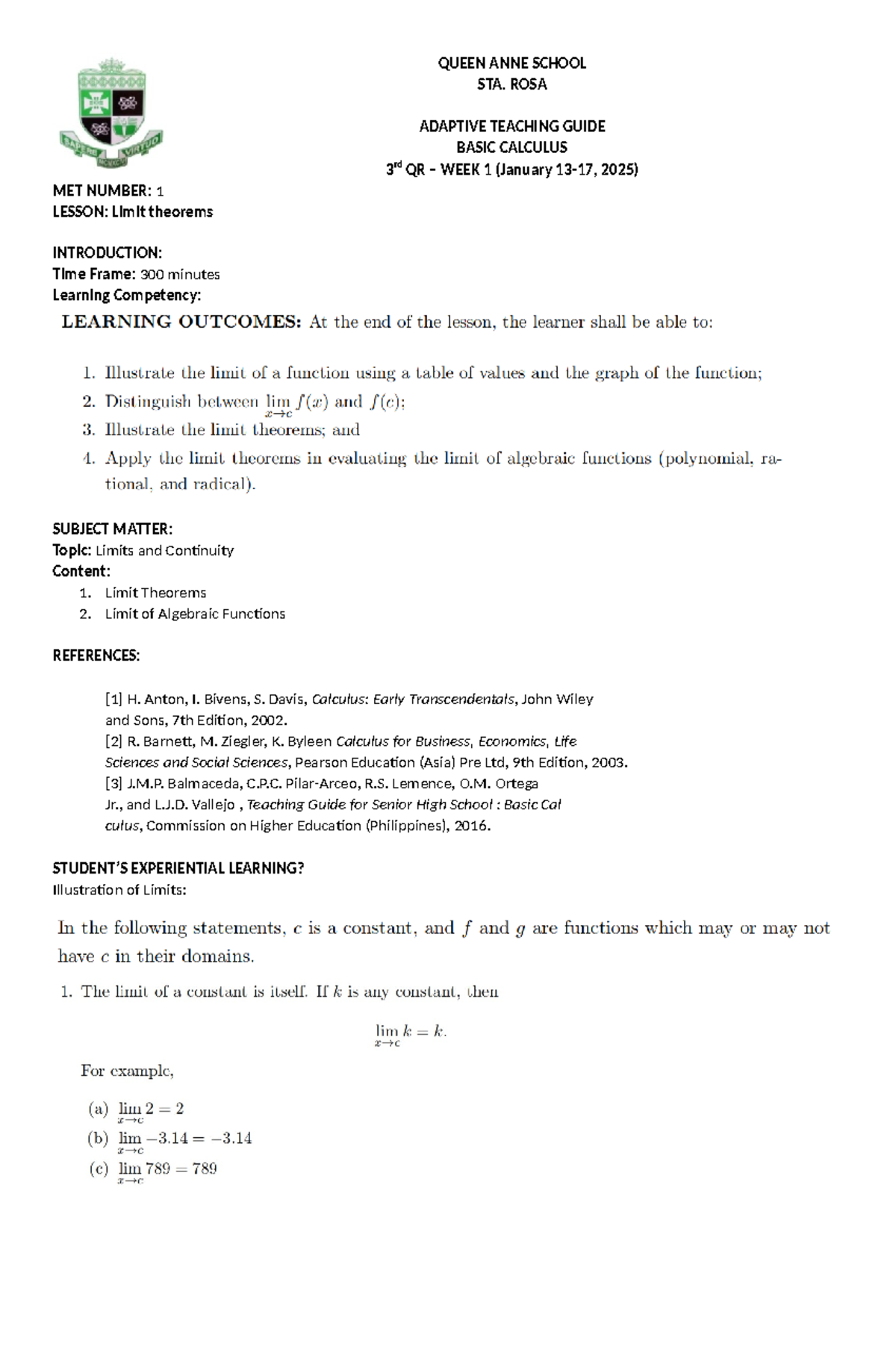 Basic Calculus 3rd QR Week 1: Limit Theorems & Continuity - Studocu