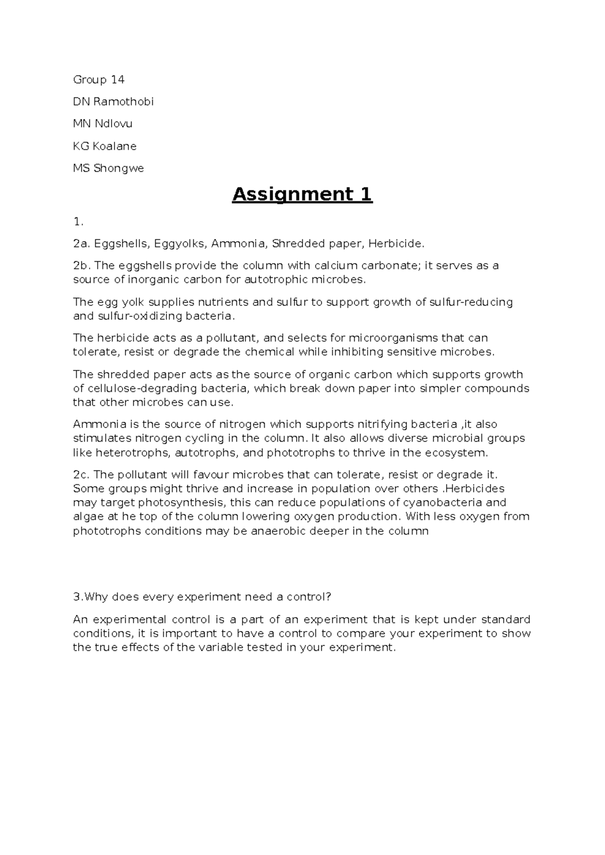 Group 14: Winogradsky Column Assignment 1 - Microbial Interactions ...