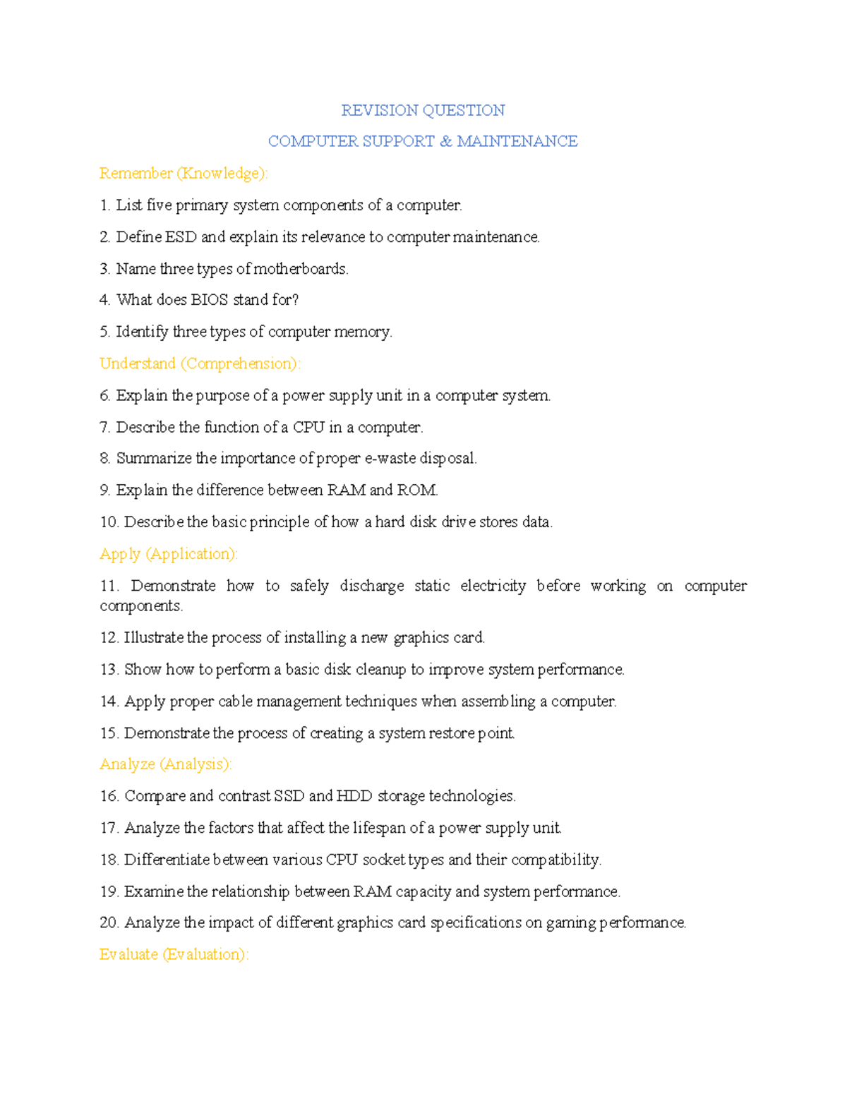 Revision Questions for Computer Support & Maintenance (CSM 101) - Studocu