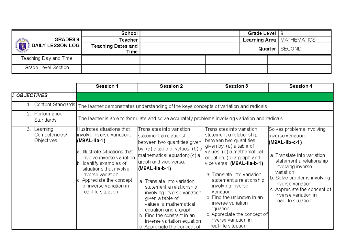 DLL WK 11 LC 171819 - Grade 9 Mathematics Quarter 2 Lesson Log on ...