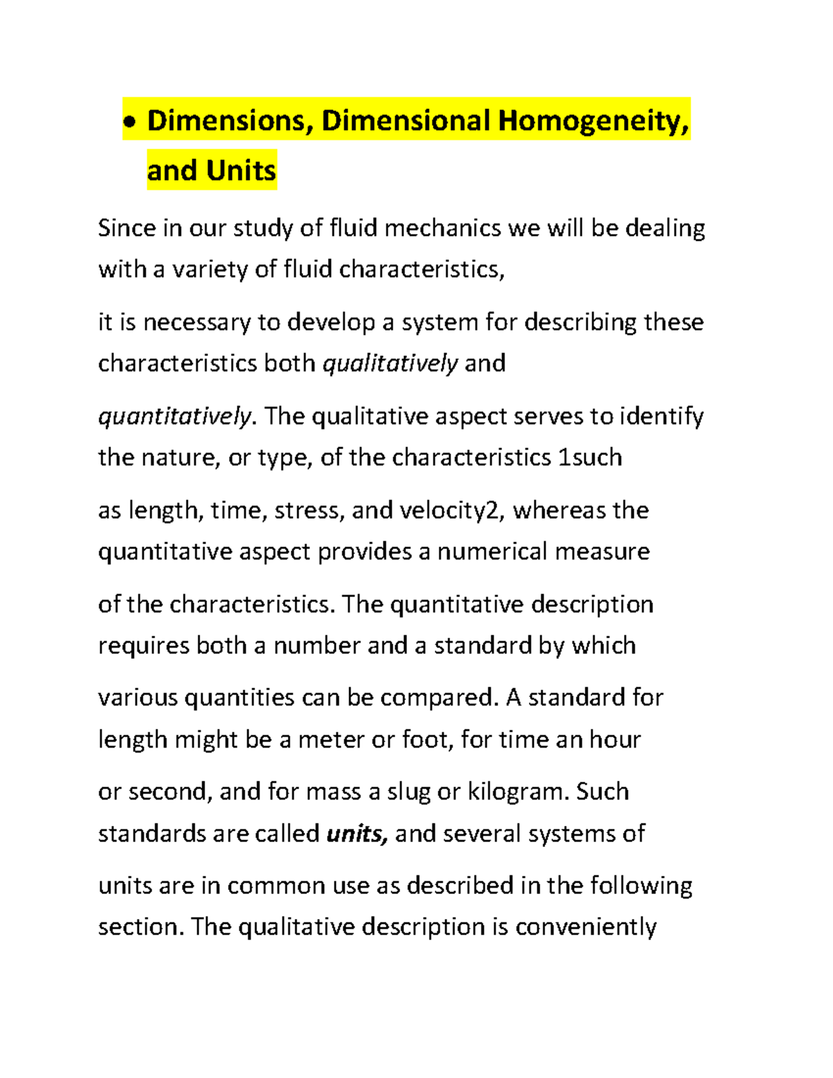 Dimensions and Dimensional Homogeneity in Fluid Mechanics Study - Studocu