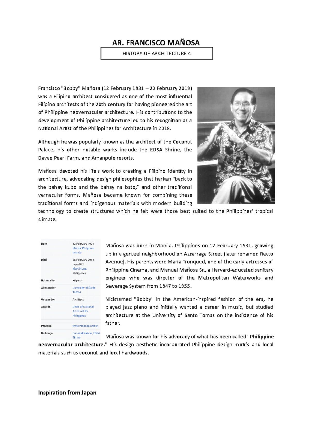 HOA4 Research: The Architectural Legacy of Ar. Francisco Mañosa - Studocu
