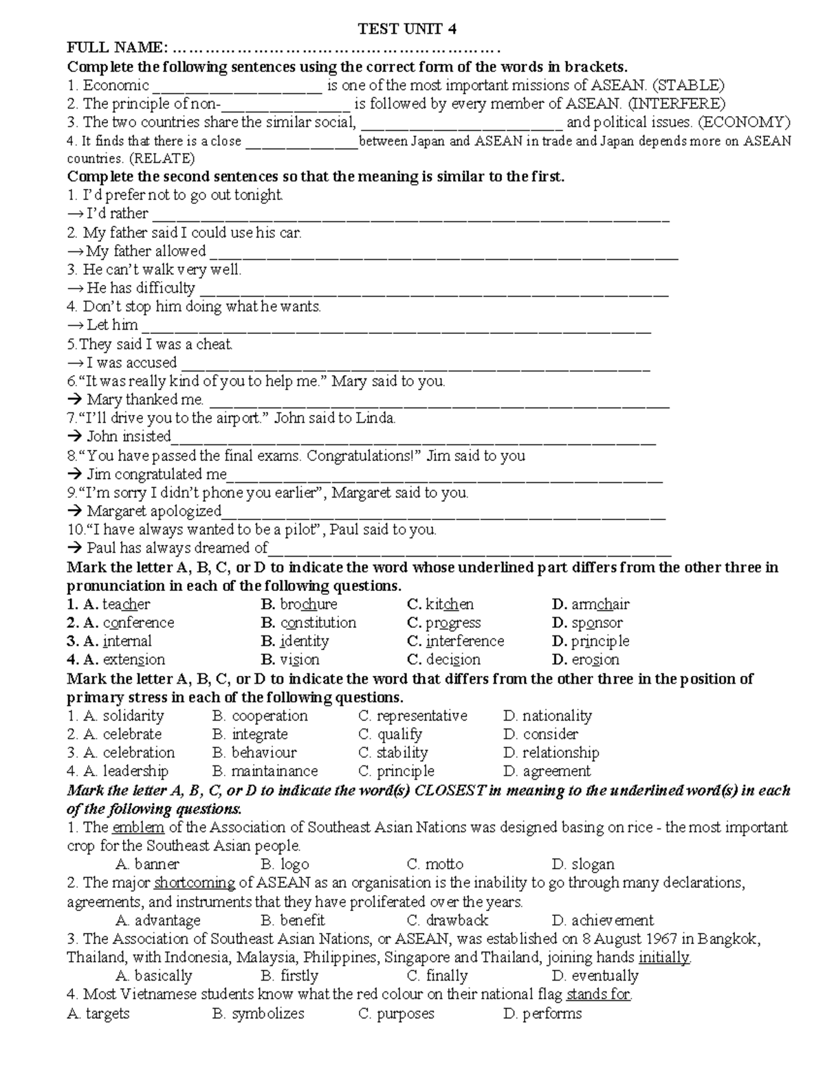 UNIT 4 KIỂM TRA - Complete Sentences & Vocabulary Exercises - Studocu