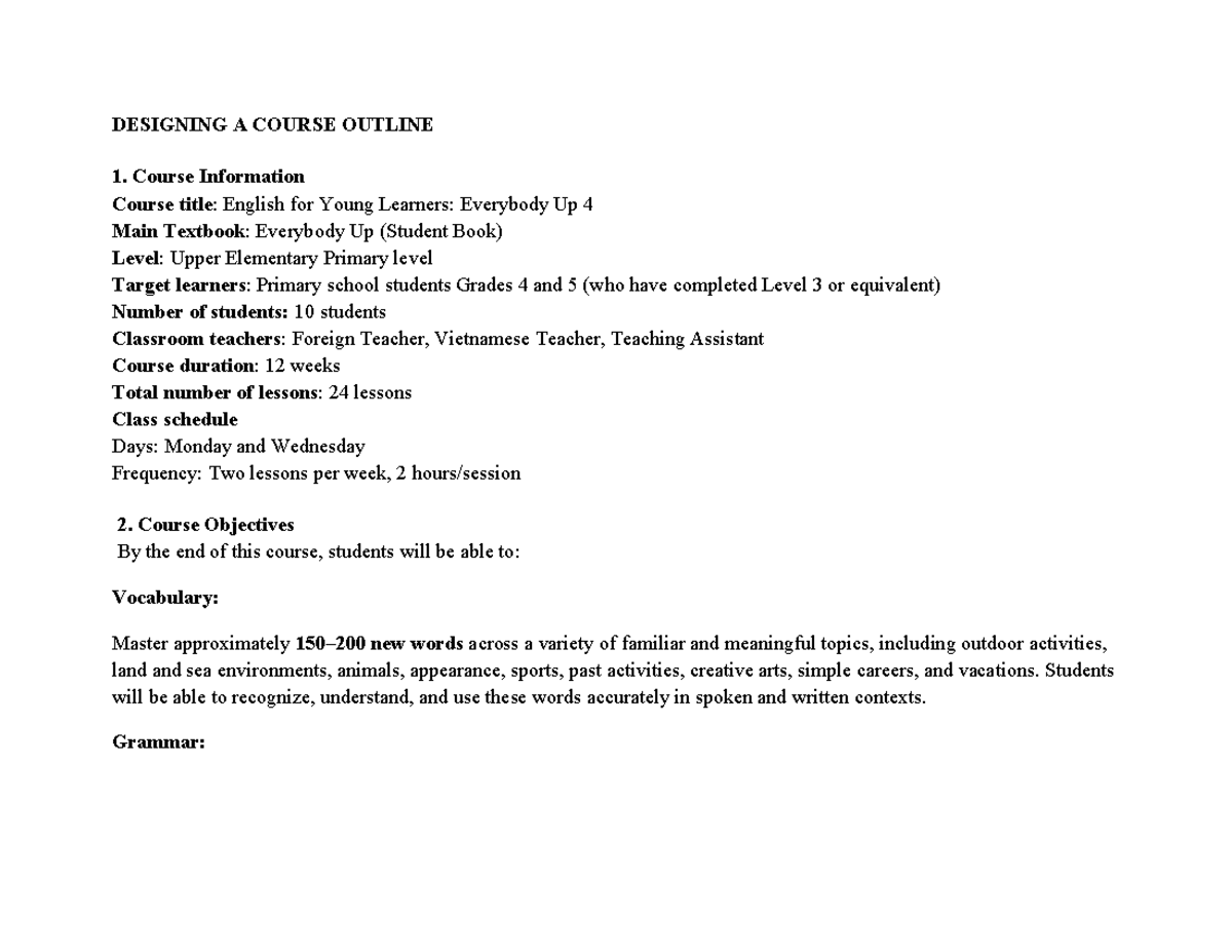 Course Outline: English for Young Learners (Grades 4-5) - Everybody Up ...