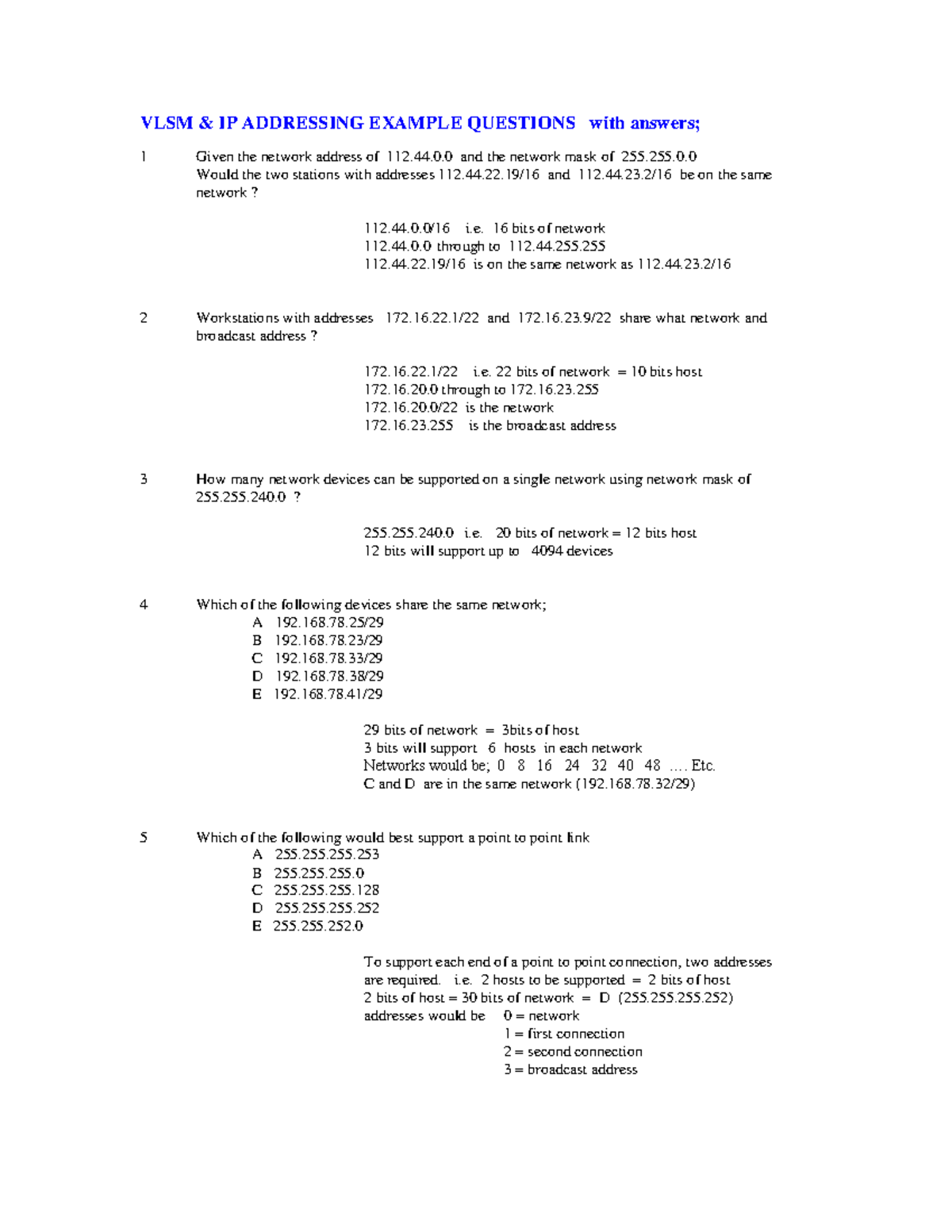 VLSM IP Addressing Example Questions - Study Guide for Networking 101 ...