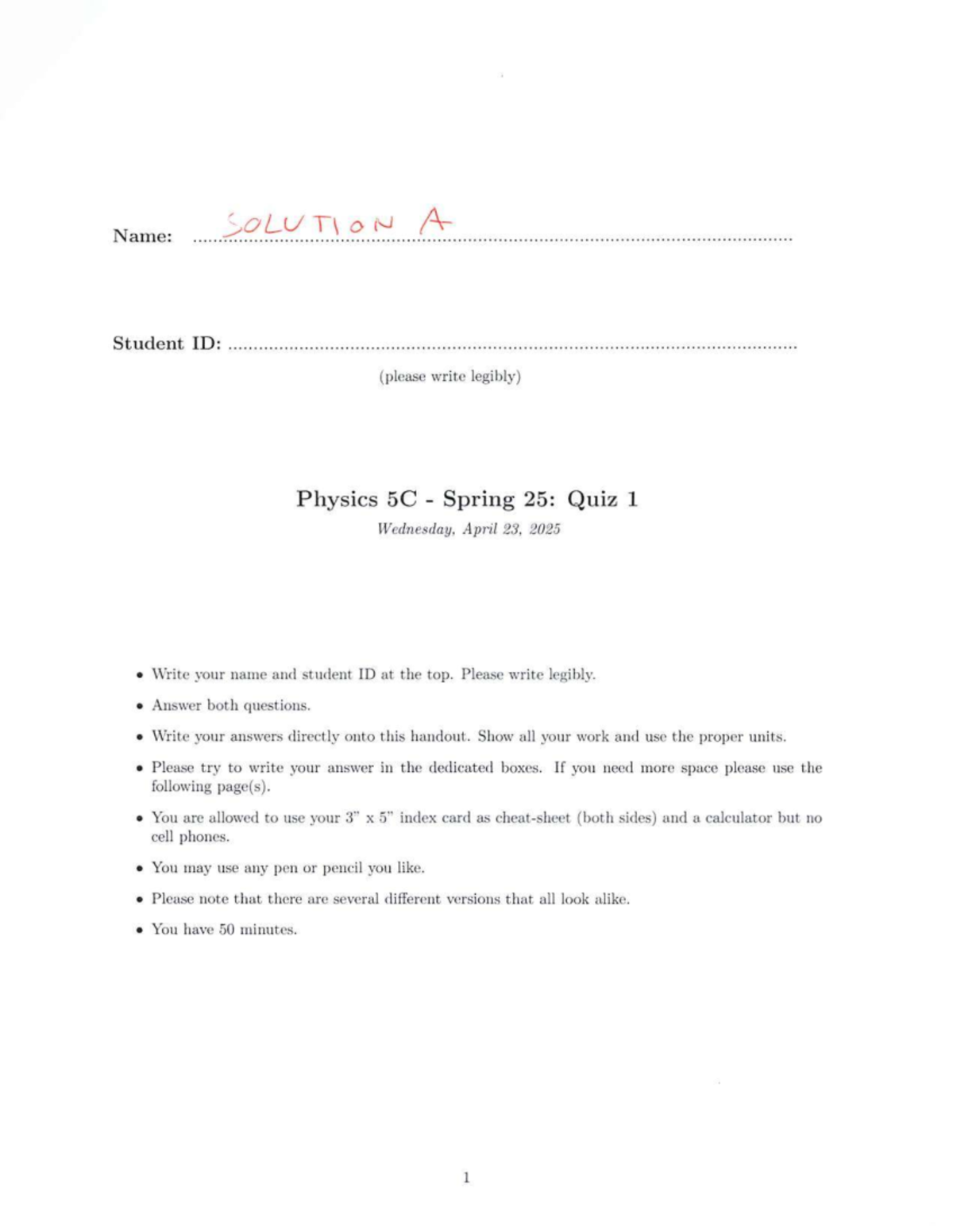 Physics 5C Spring 25: Quiz 1 Practice Midterm Review - Studocu