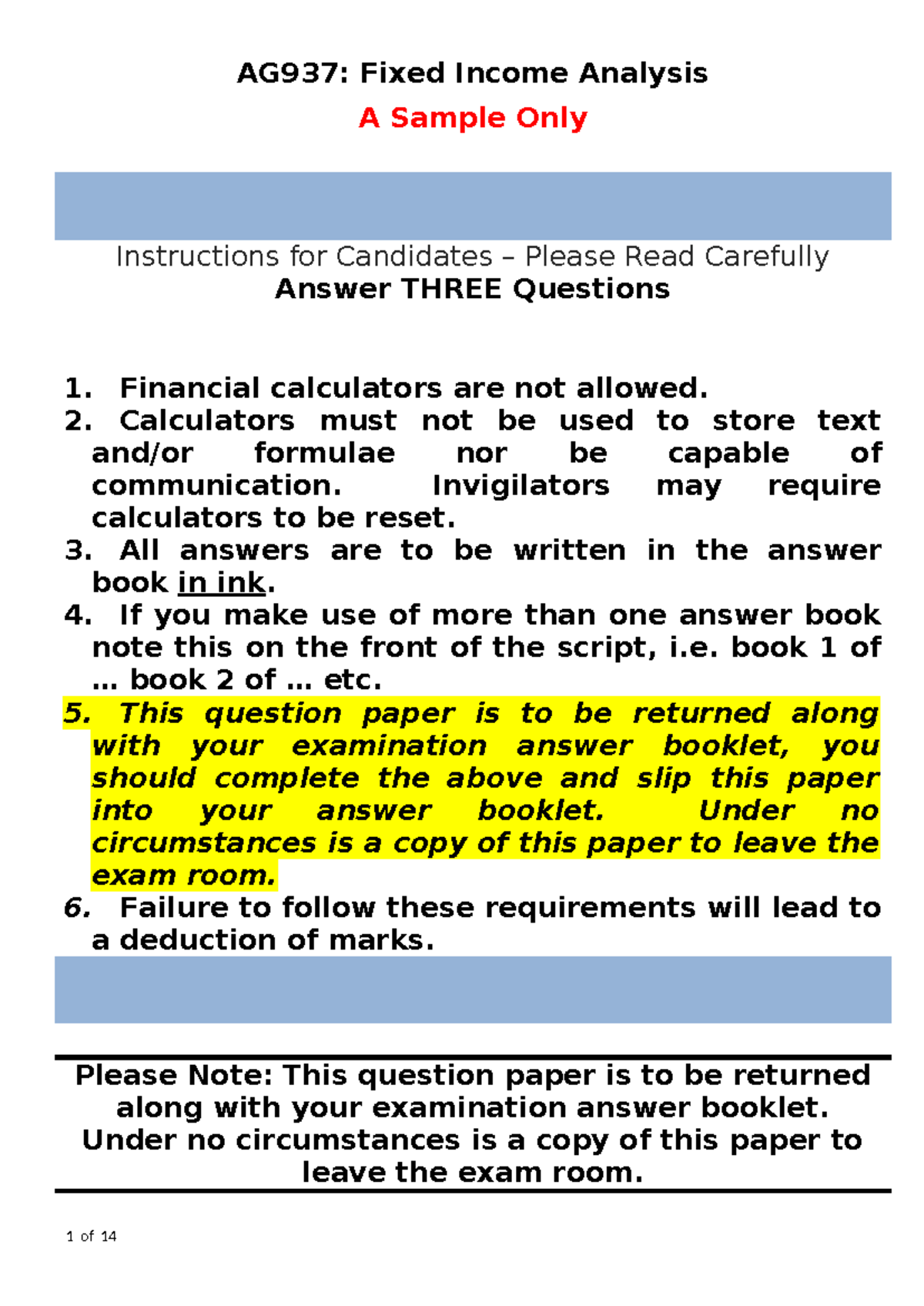 AG937: Fixed Income Analysis Exam Paper Sample Solutions - Studocu