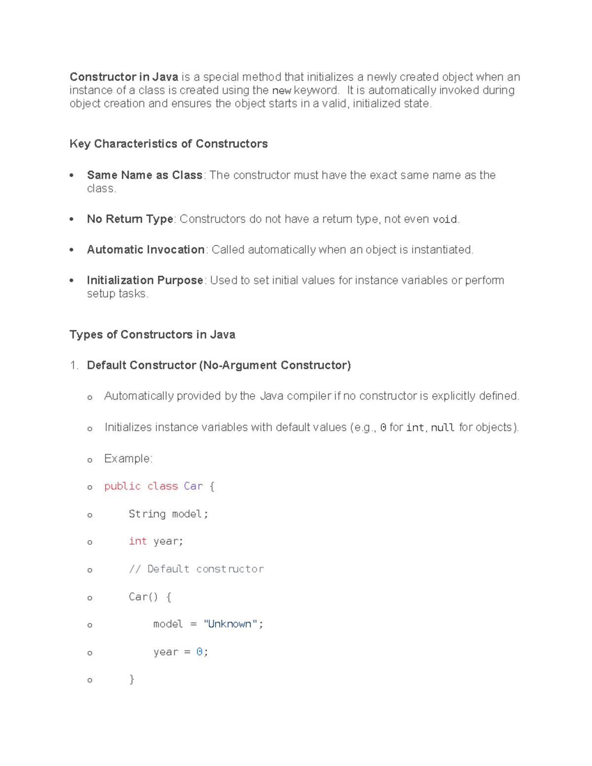 Java Constructors: Key Concepts and Characteristics - Studocu