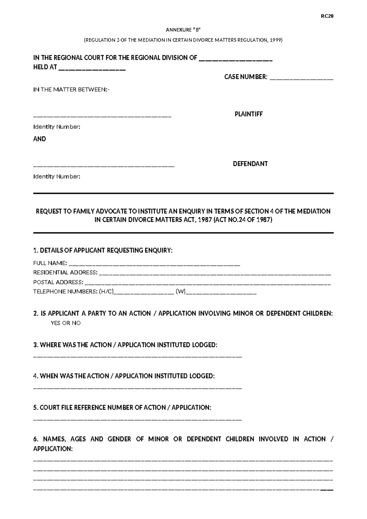 RC20 Family Advocate Inquiry Request Form (Annexure B) - Studocu