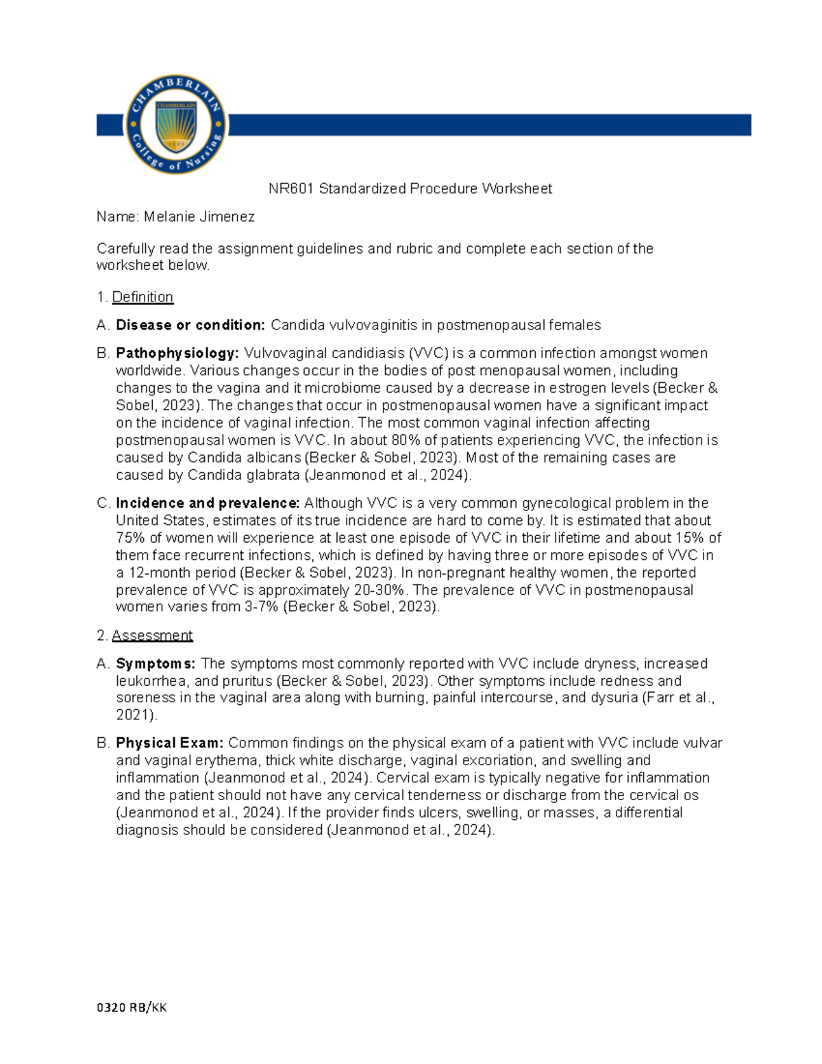 NR601 Week 5 Standardized Procedure Worksheet on VVC Management - Studocu