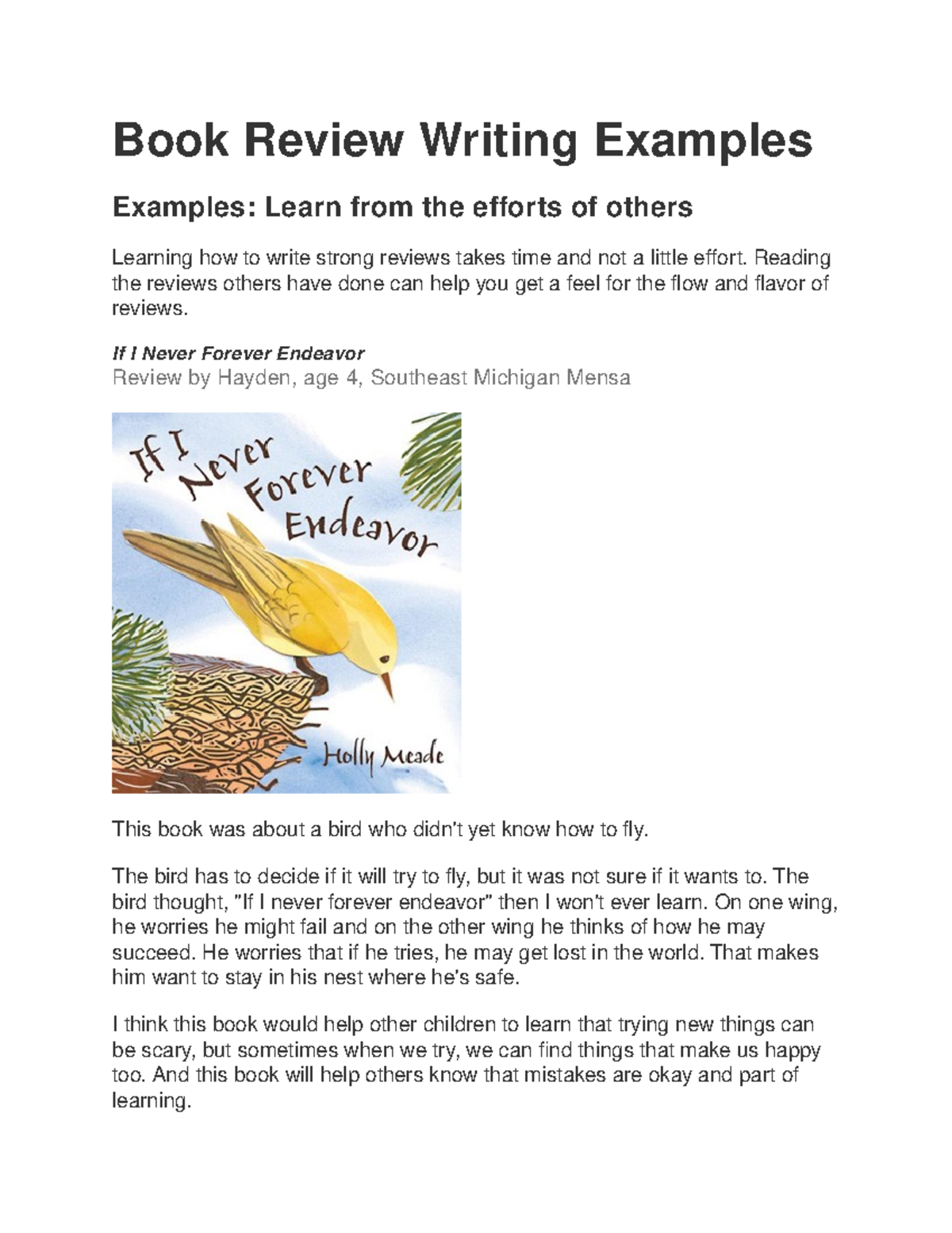 Book Review Writing Examples for Children's Literature - Studocu