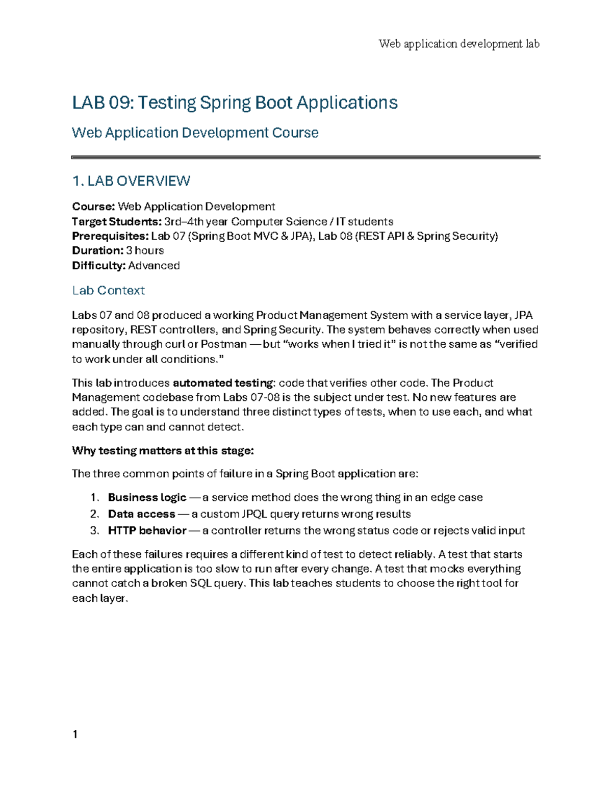 Lab 09: Testing Spring Boot Applications - Web App Dev Course - Studocu