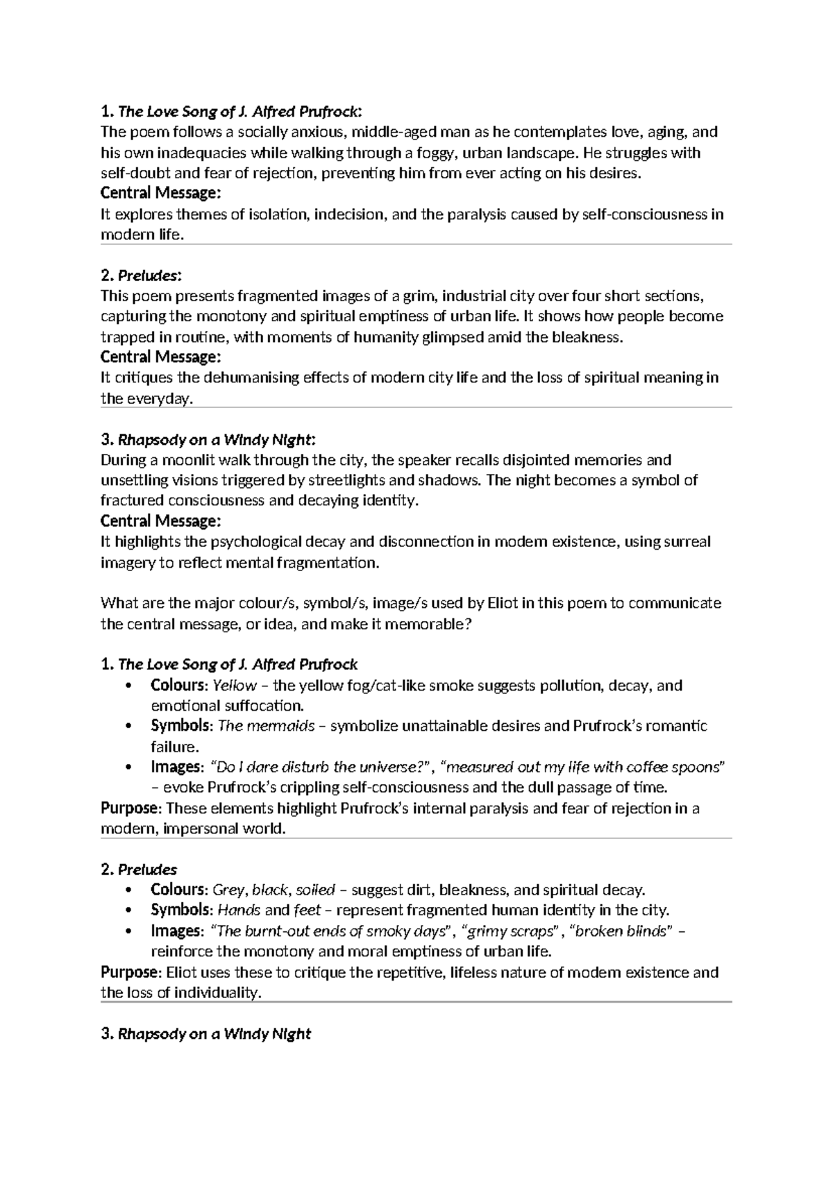 English Poem Notes: Analysis of Eliot's Themes and Techniques - Studocu
