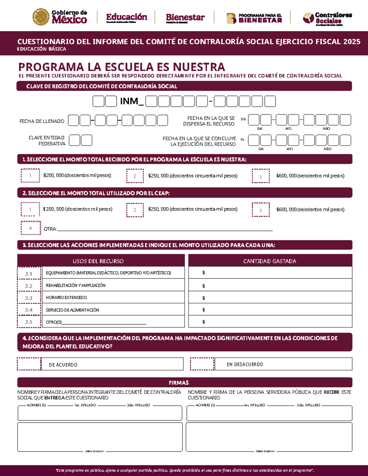 Cuestionario del Informe del Comité de Contraloría Social 2025 - Educación - Document Preview