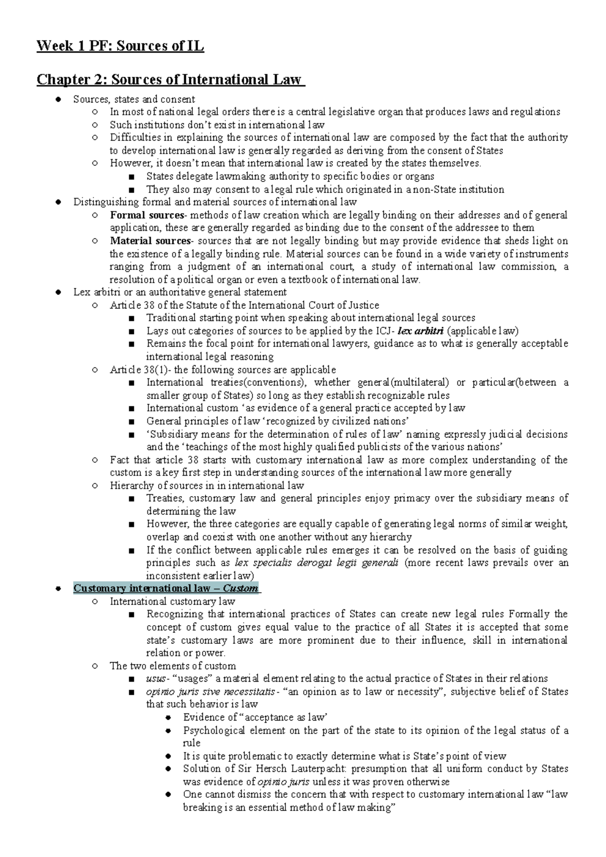 TB Readings PF - Summary of Sources & Hierarchy in International Law ...