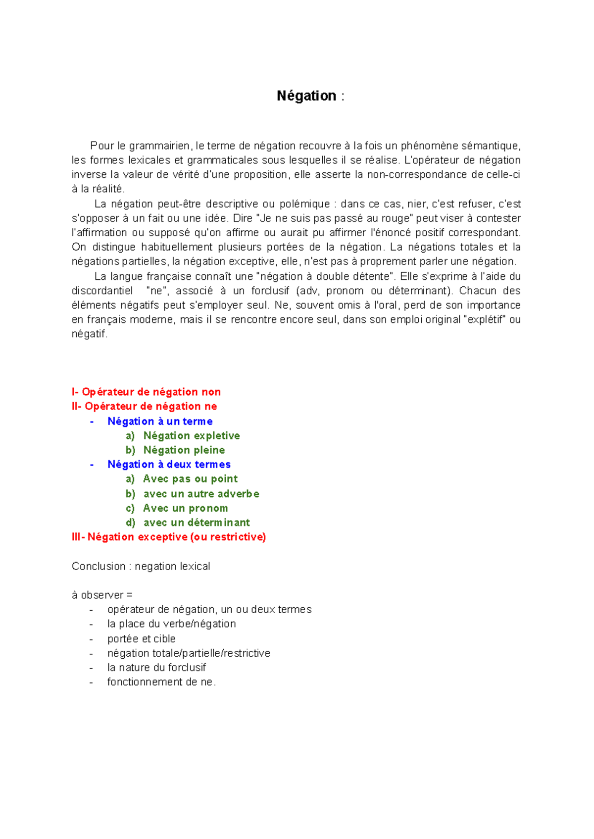 Négation : Introduction et Plan sur l'Étude de la Négation - Studocu