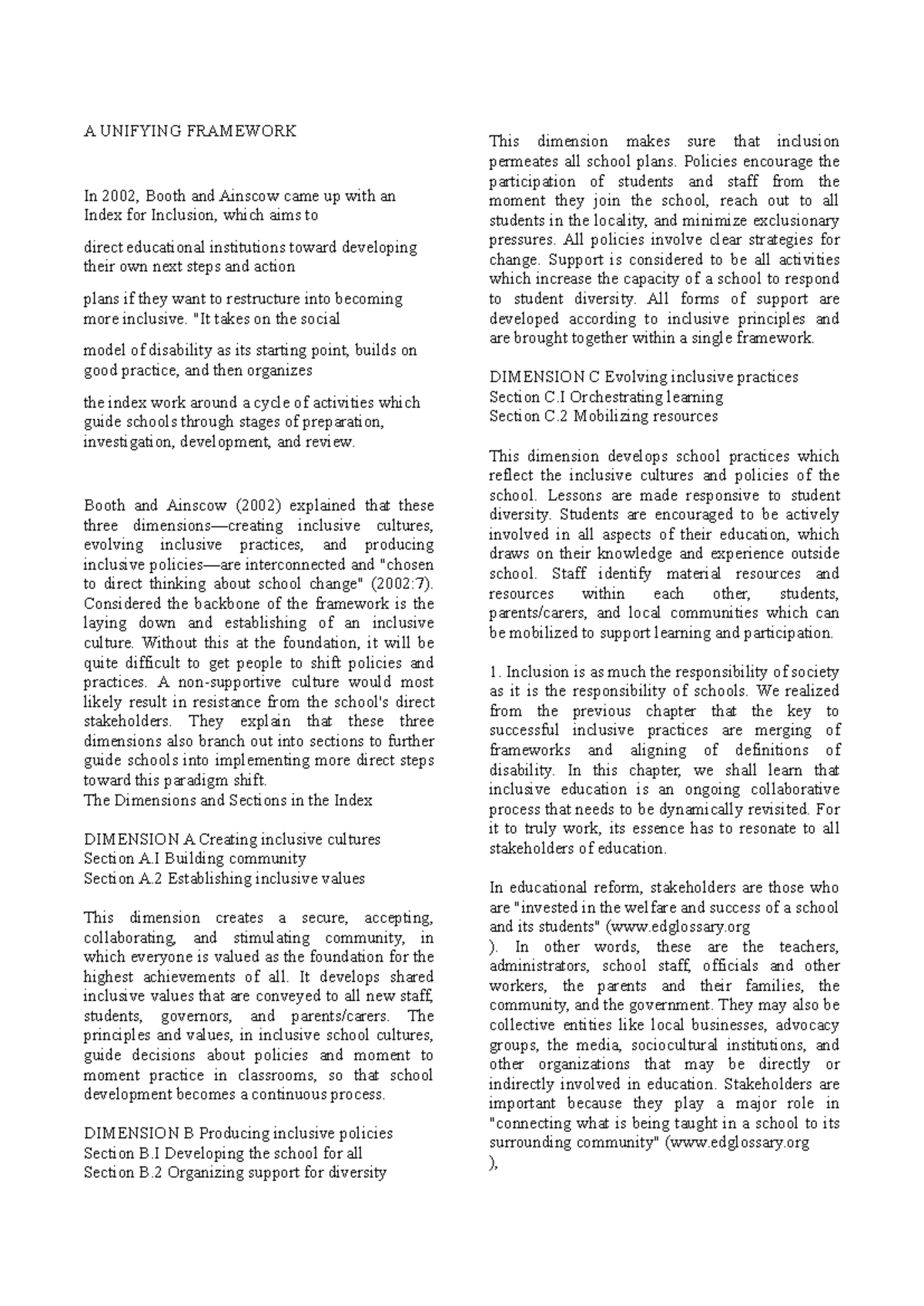 SPED Rev Mid: A Unifying Framework for Inclusive Education - Studocu