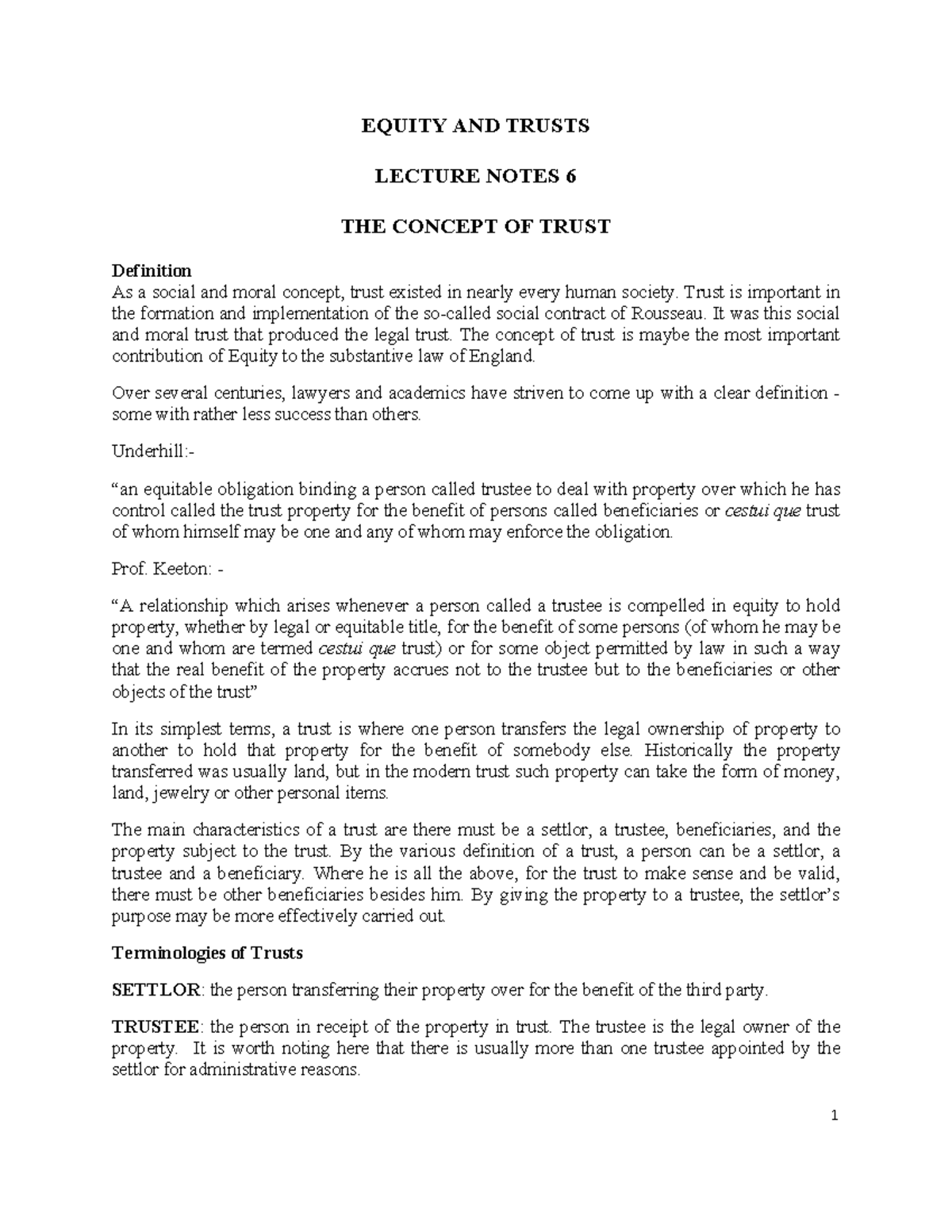 Equity 6 - Comprehensive Lecture Notes on Trusts and Their Concepts ...