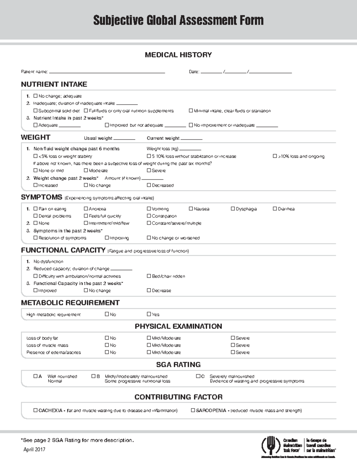 Subjective Global Assessment (SGA) Tool Sample for Nutritional ...