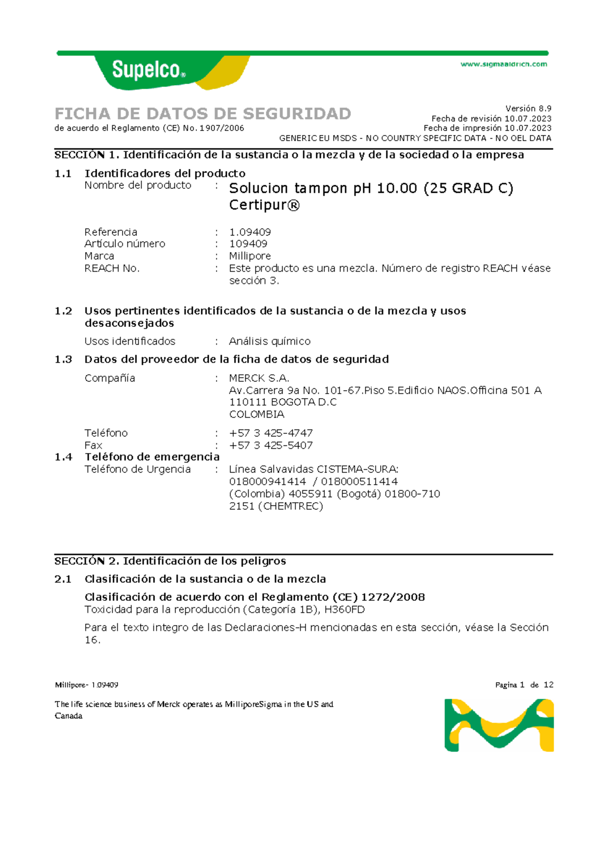 FICHA DE DATOS DE SEGURIDAD - MERCK pH 10.00 (REF. 109409) - Studocu