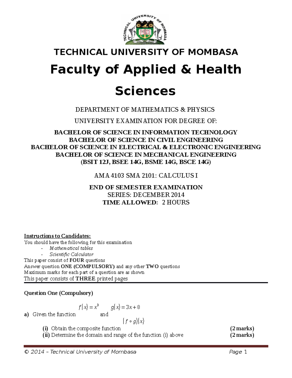 Calculus I AMA 4103 SMA 2101 End of Semester Exam December 2014 - Studocu