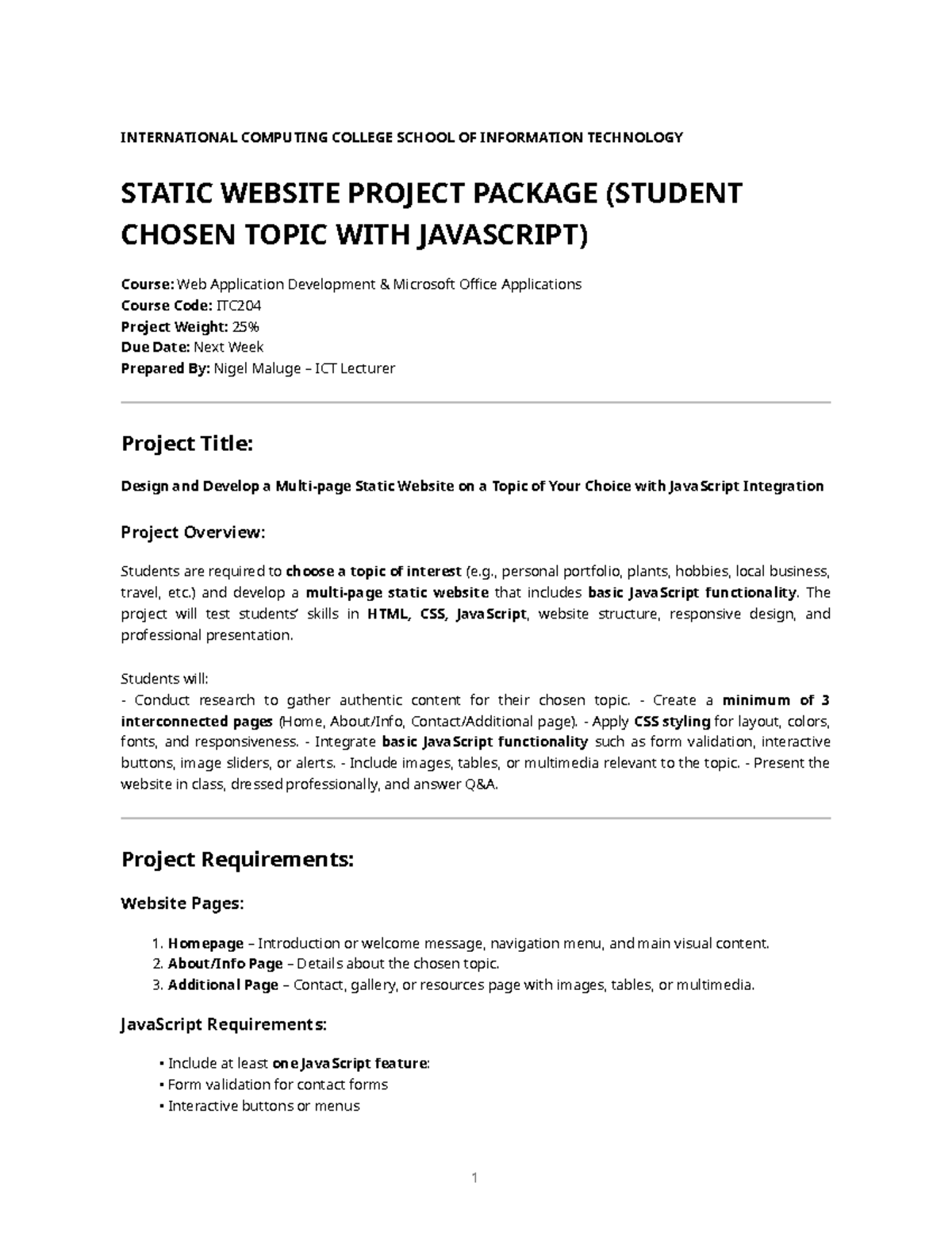 ITC204 Static Website Project with JavaScript Integration - Studocu