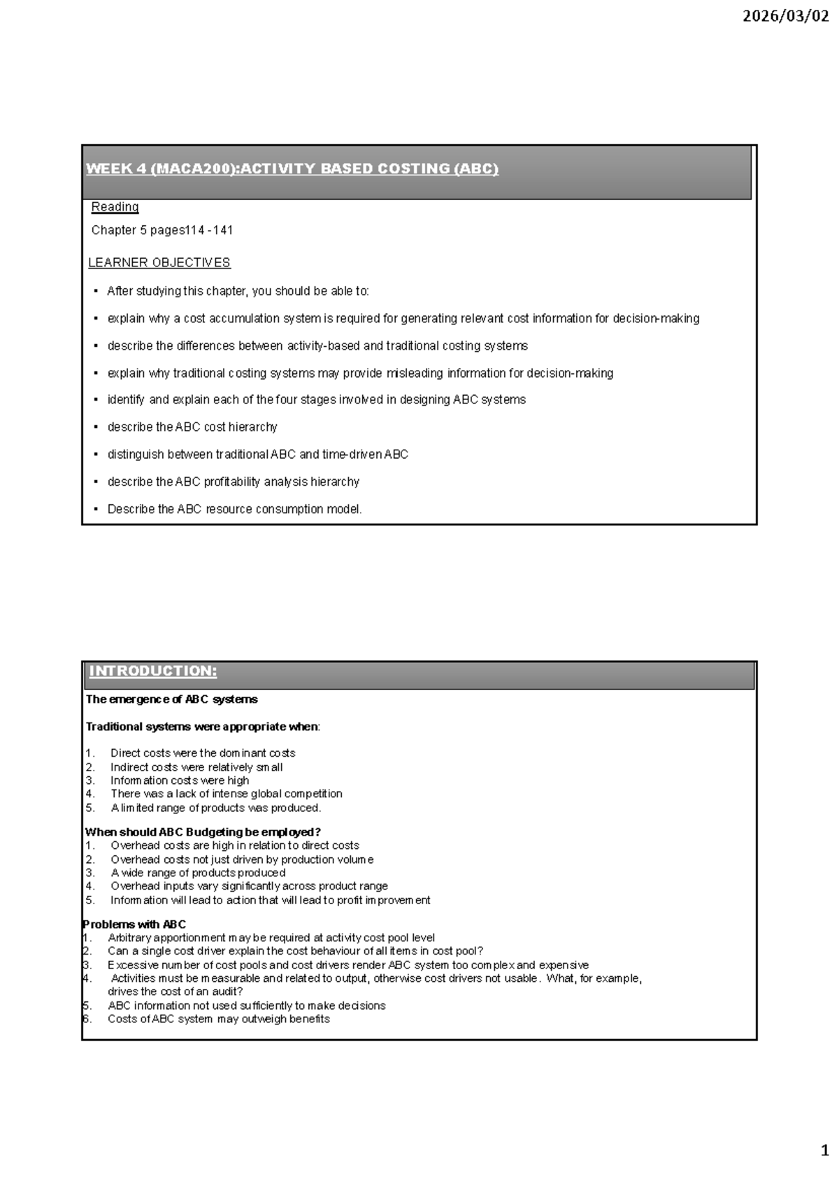 WEEK 4 (MACA200): ACTIVITY BASED COSTING (ABC) Overview and Analysis ...