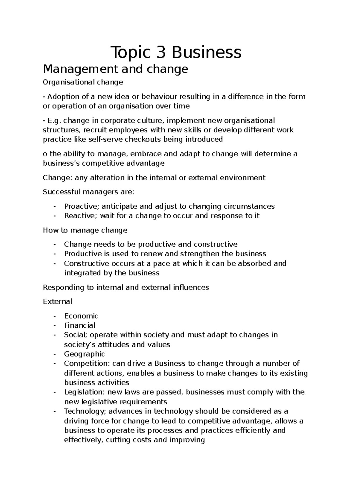 Topic 3: Business Management & Organisational Change Strategies - Studocu
