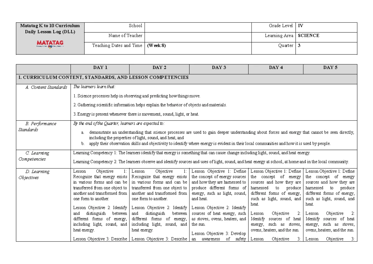 Q3 W9 Science 4 Lesson Log for MATATAG Curriculum - Studocu