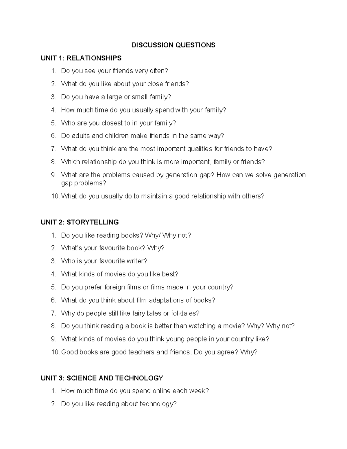 Discussion Questions for Unit 1-11 - Câu Hỏi Thảo Luận - Studocu