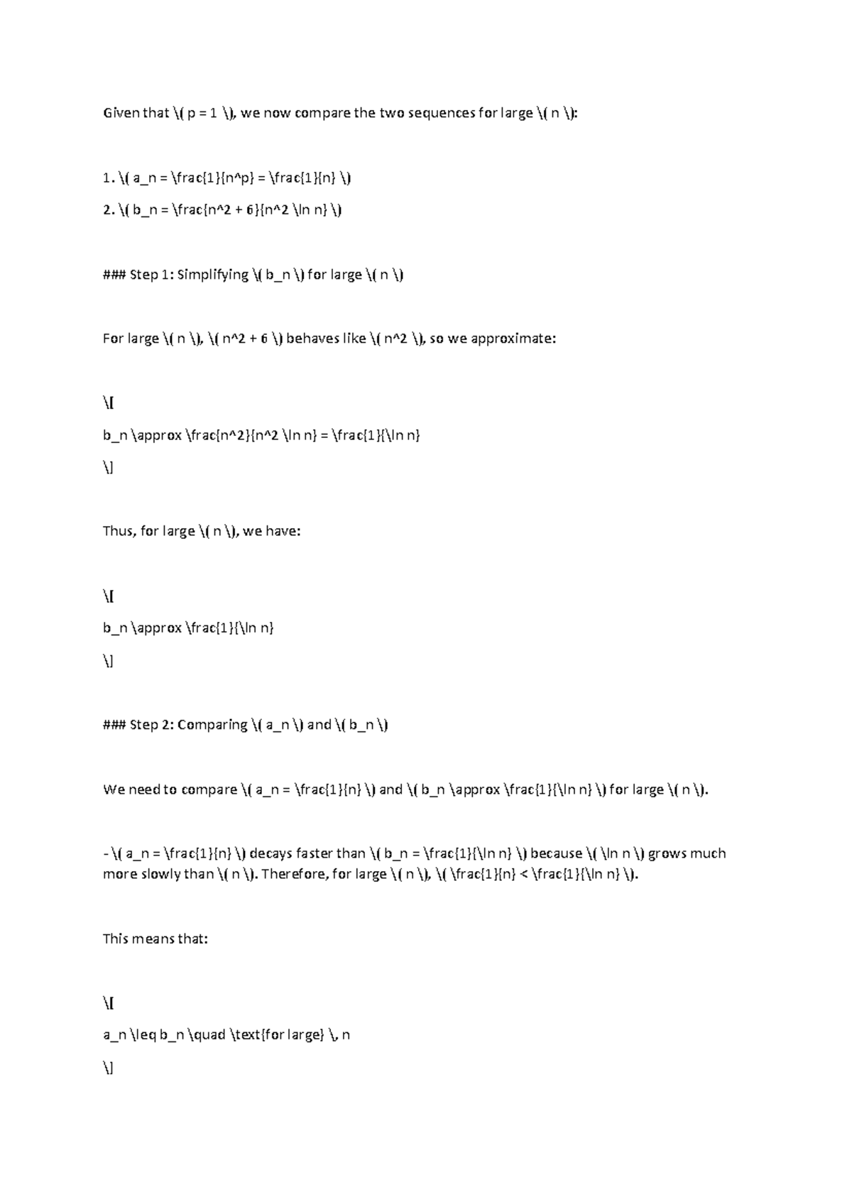 Mathseries - Series Comparison for Large \( n \) - Studocu