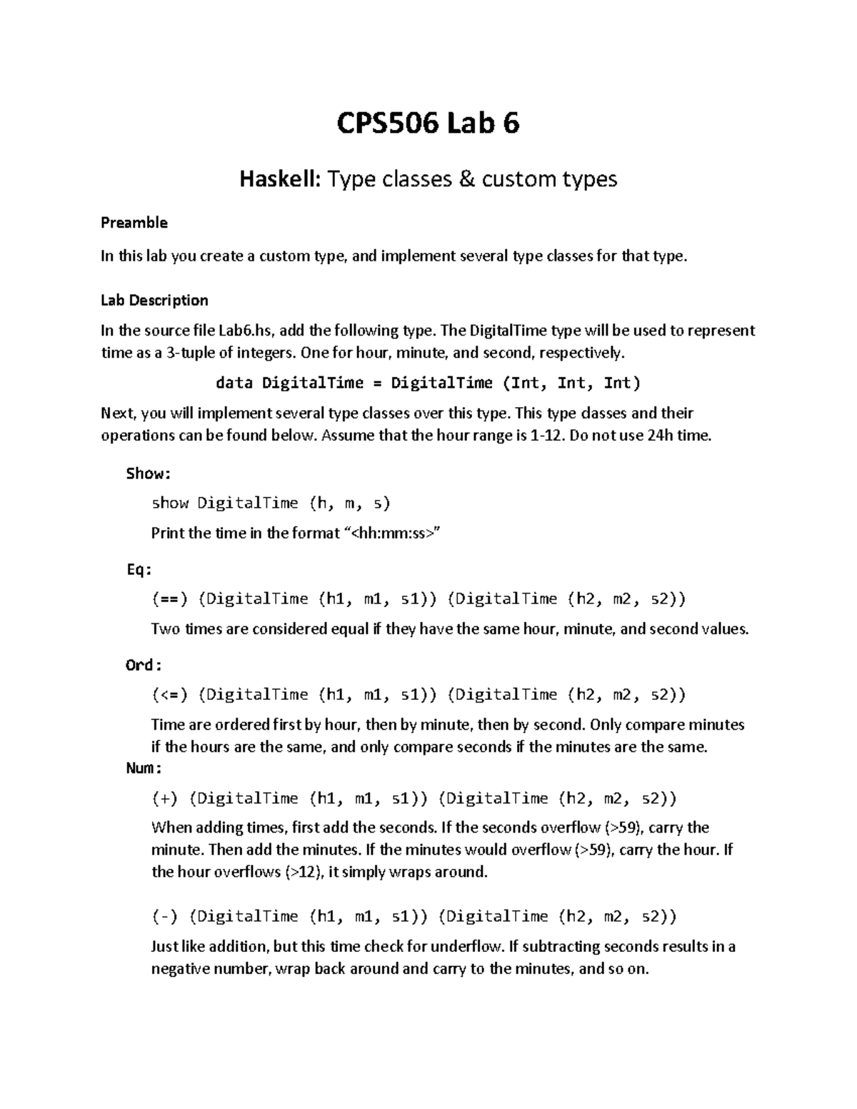 CPS506 Lab 6: Haskell Custom Types & Type Classes Implementation - Studocu