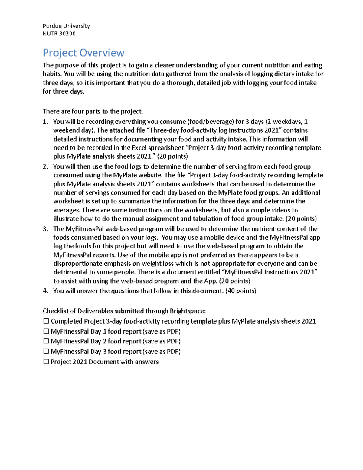 NUTR 30300: Three-Day Nutrition Project Analysis & Reflection 2021 ...
