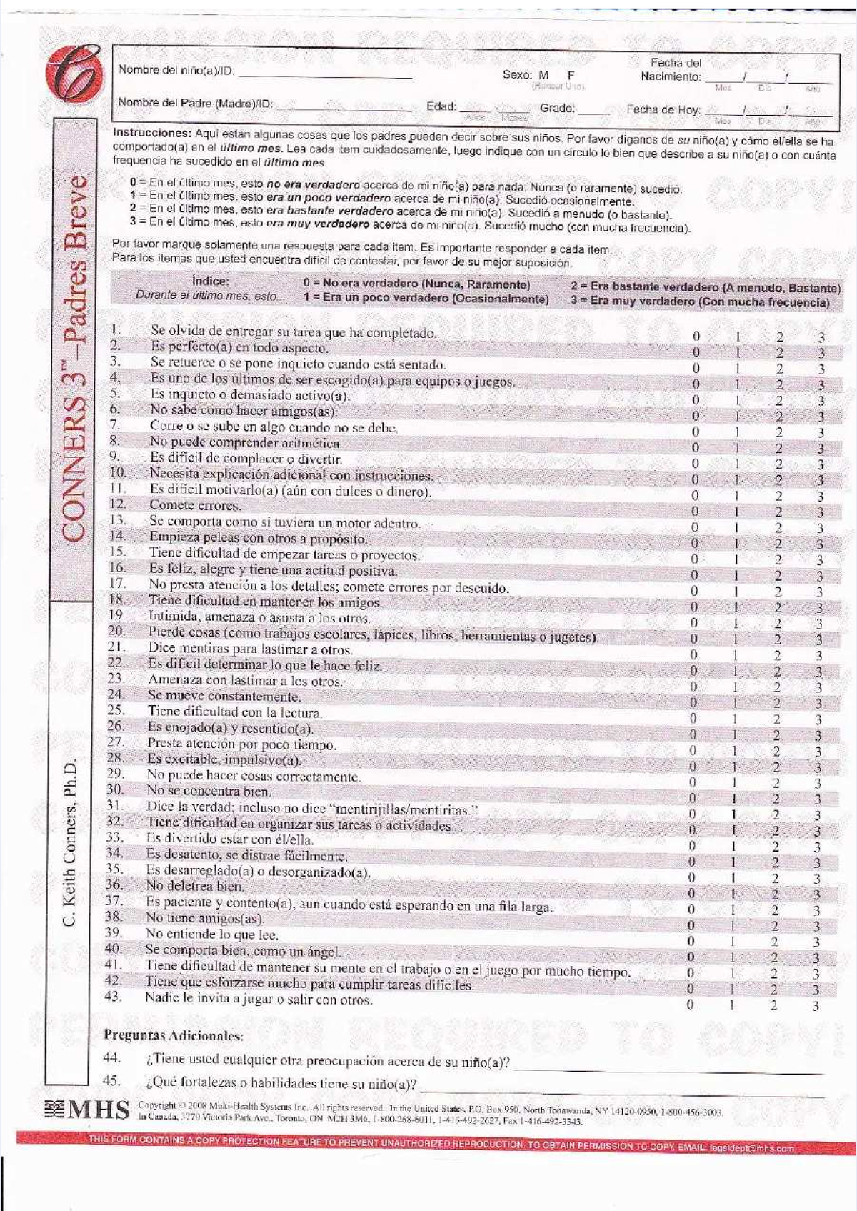 Conners 3: Evaluación Breve para Padres (PDF) - Studocu