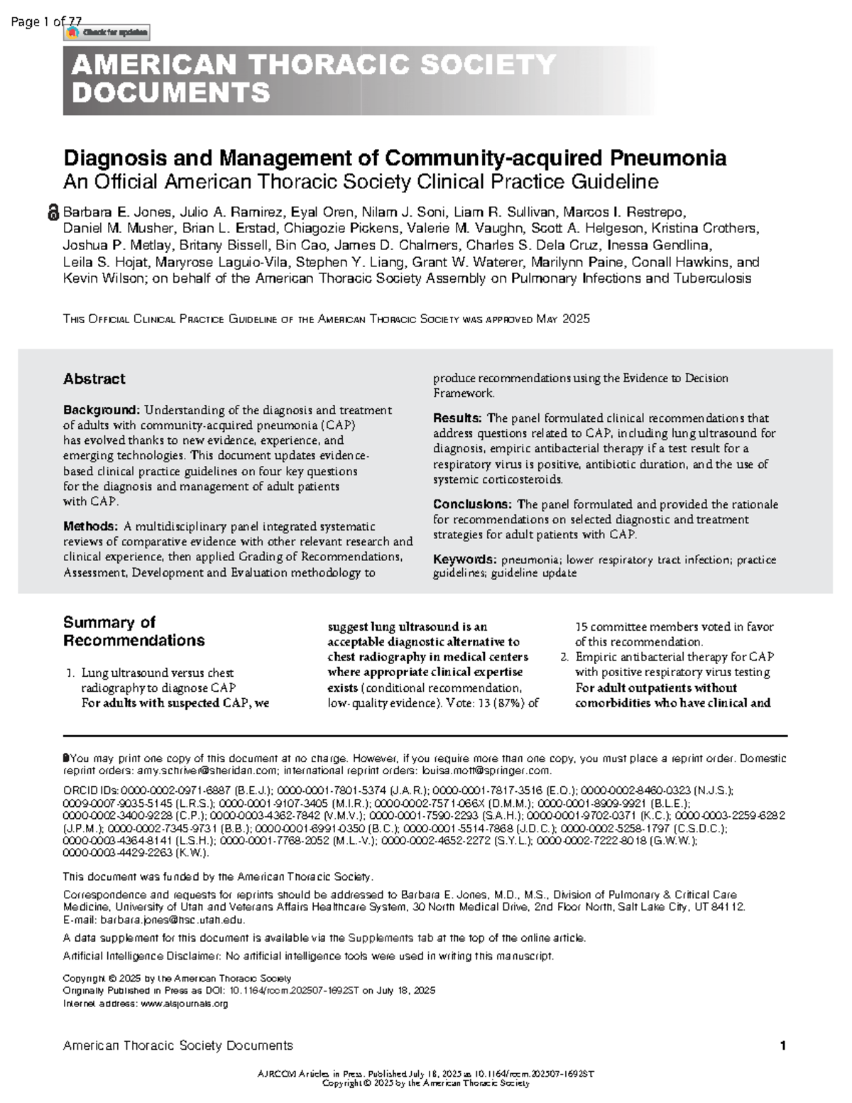 ATS Clinical Practice Guidelines: Diagnosis & Management of CAP - Studocu