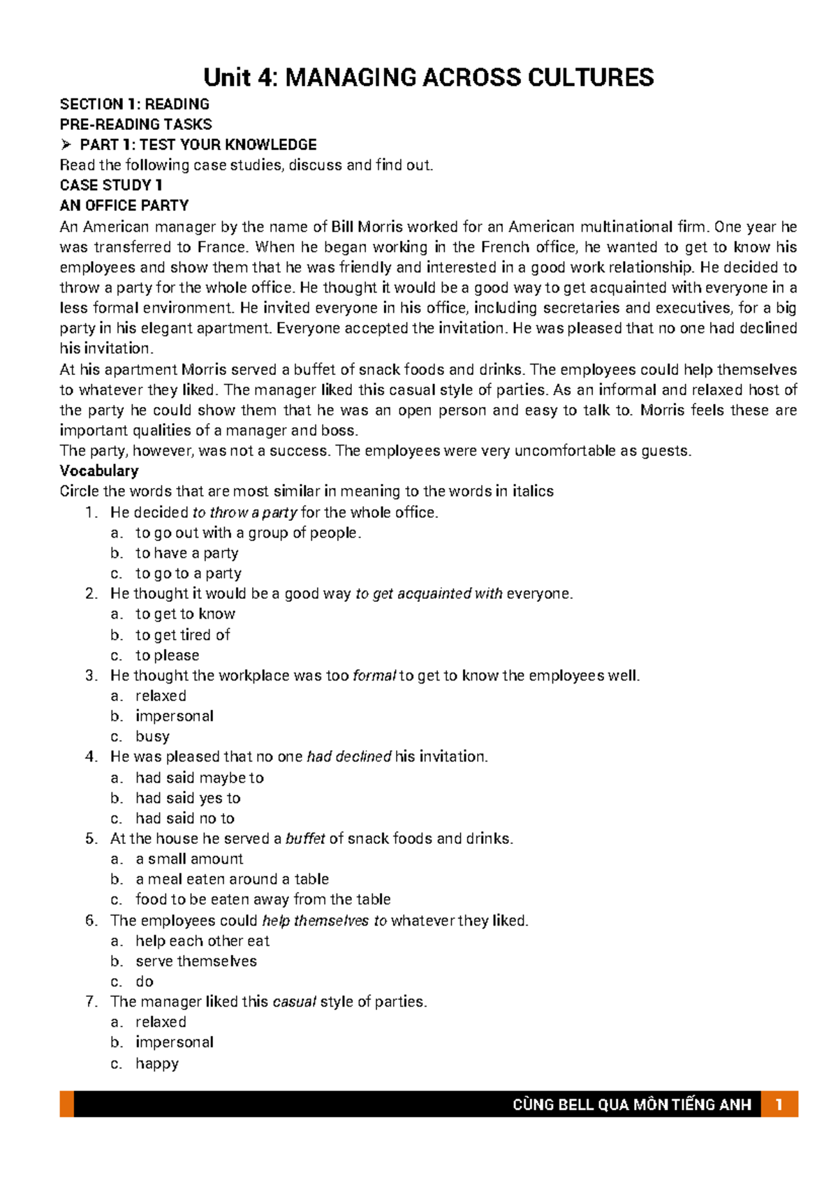 UNIT 4 - Managing Across Culture - Unit 4: MANAGING ACROSS CULTURES ...