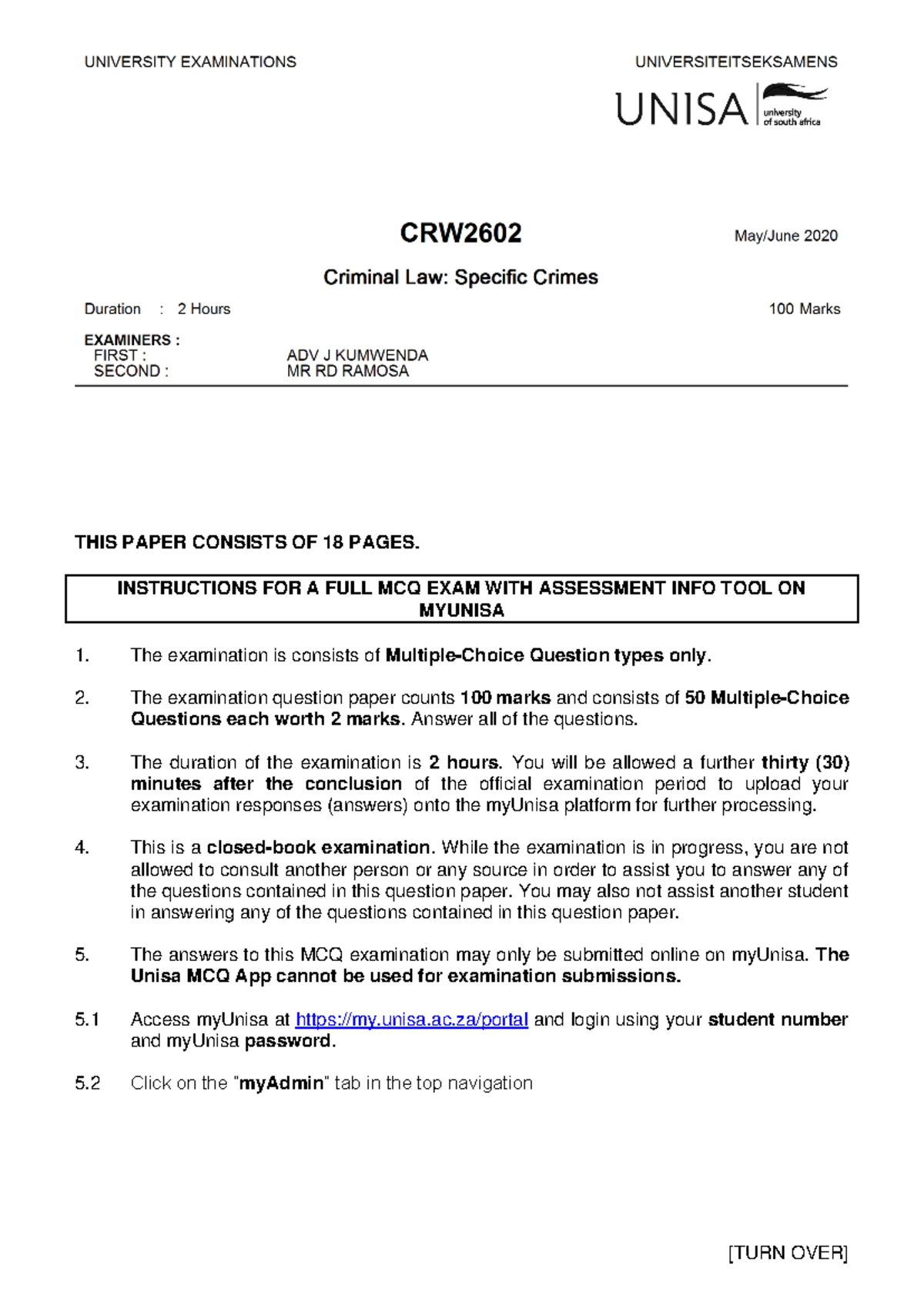 CRW2602 June 2020 Exam - MCQ Answers and Submission Guidelines - Studocu