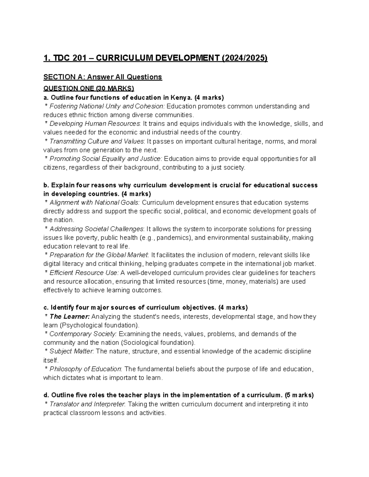 TDC 201 CURRICULUM DEVELOPMENT: Key Concepts and Insights - Studocu