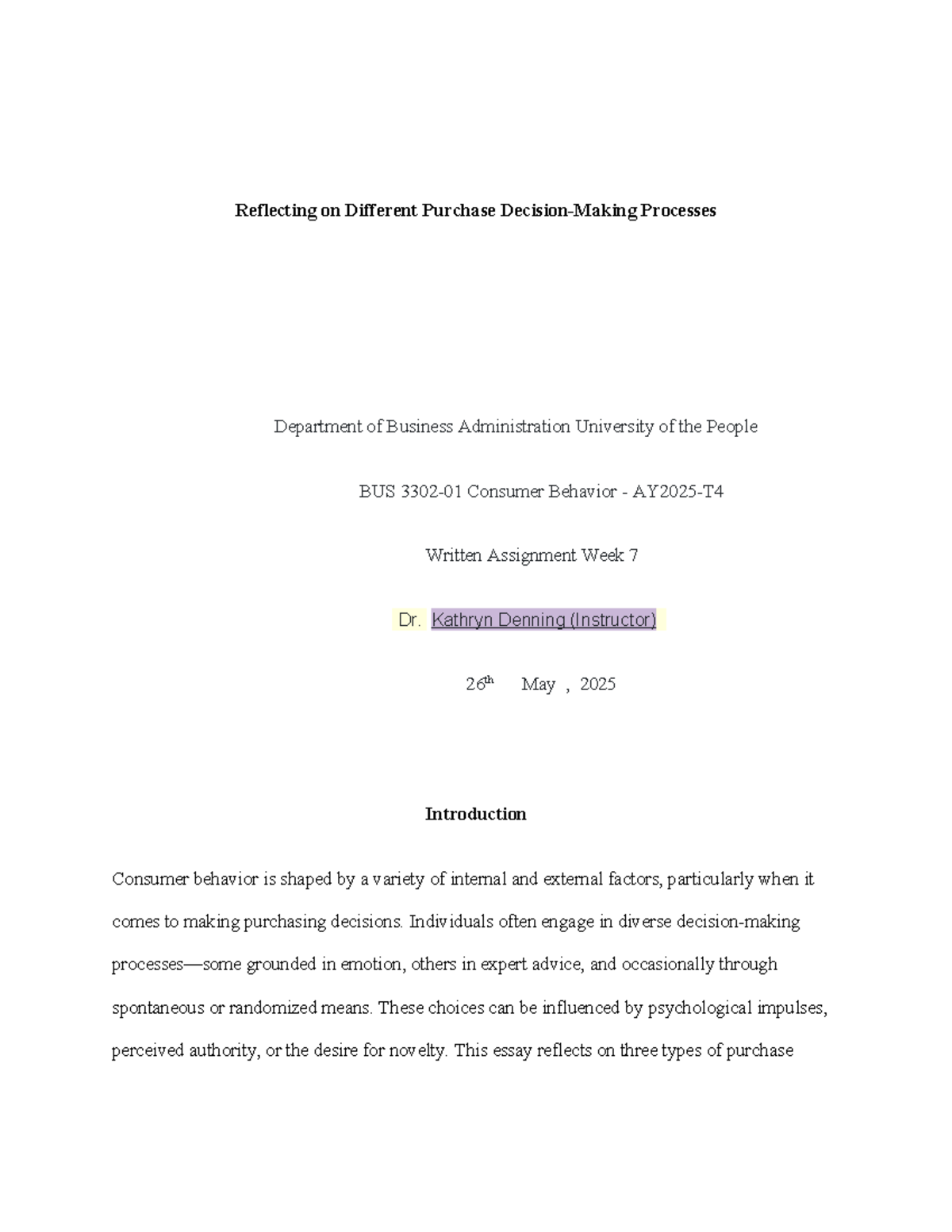 BUS Consumer Behavior Written Assignment: Reflecting on Purchase ...