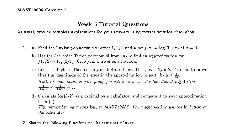 MAST10006 Week 5 Calculus 2 Tutorial Questions & Solutions - Studocu